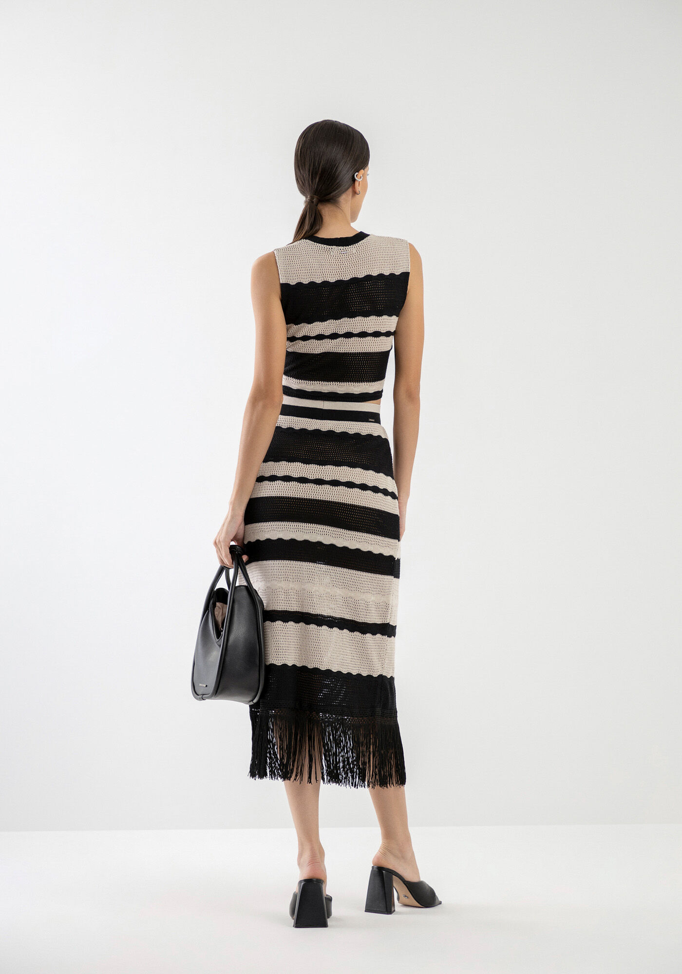 Saia Midi Listrada em Tric&ocirc; com Franjas, , large.