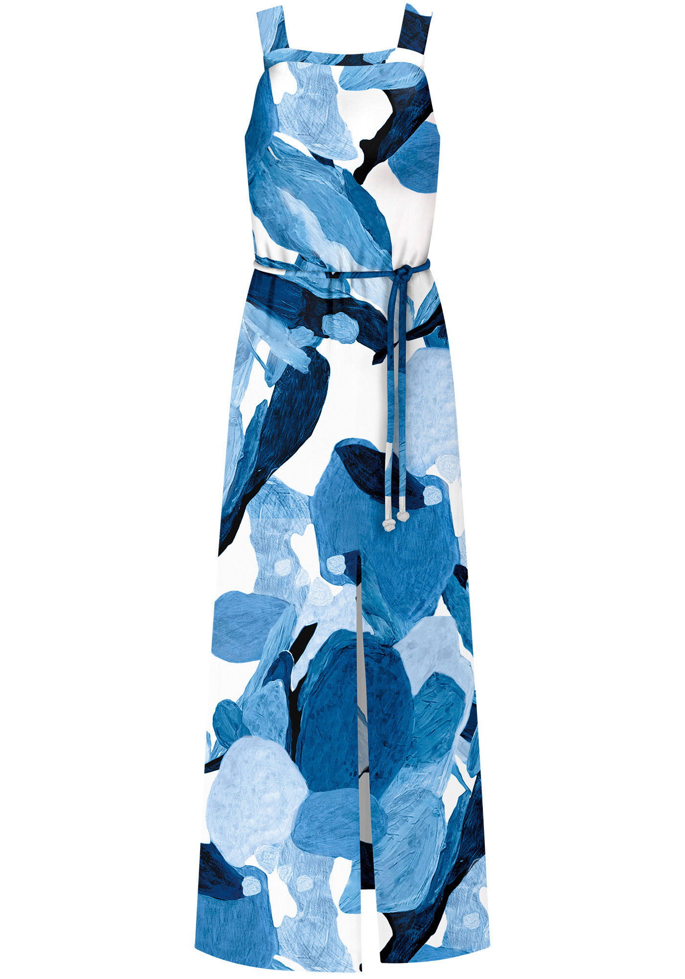 Vestido Longo Estampado com Cinto e Fenda, , large.