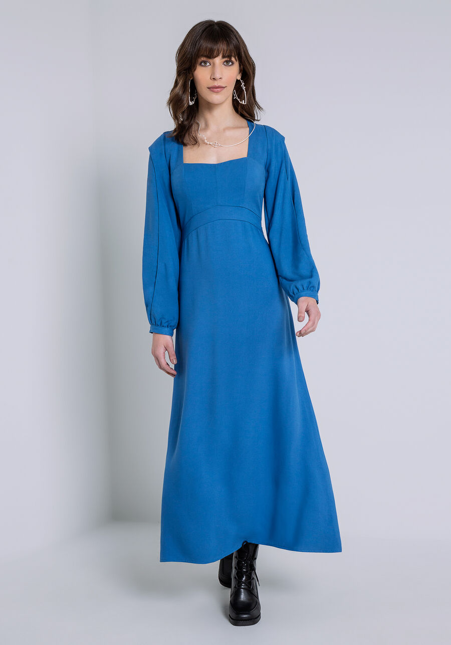 Vestido Manga Longa Midi com Recorte Ombros, AZUL TINKER. Vestido Manga Longa Midi com Recorte Ombros, AZUL TINKER, large.