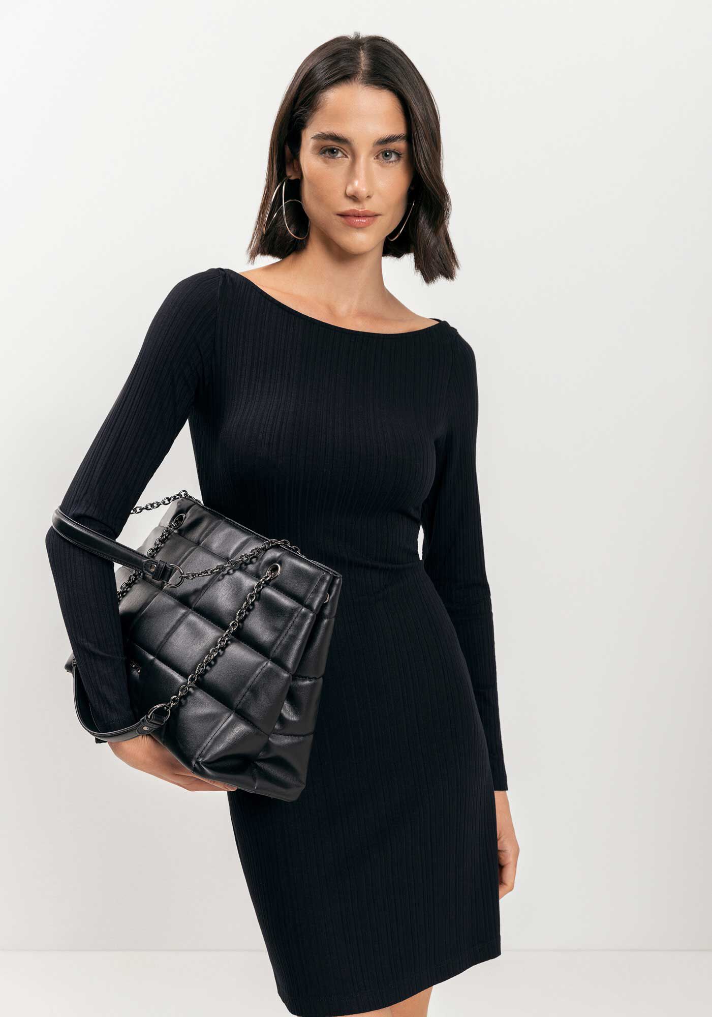 Vestido Curto De Mangas Longas Em Malha Canelada Essential, , large.