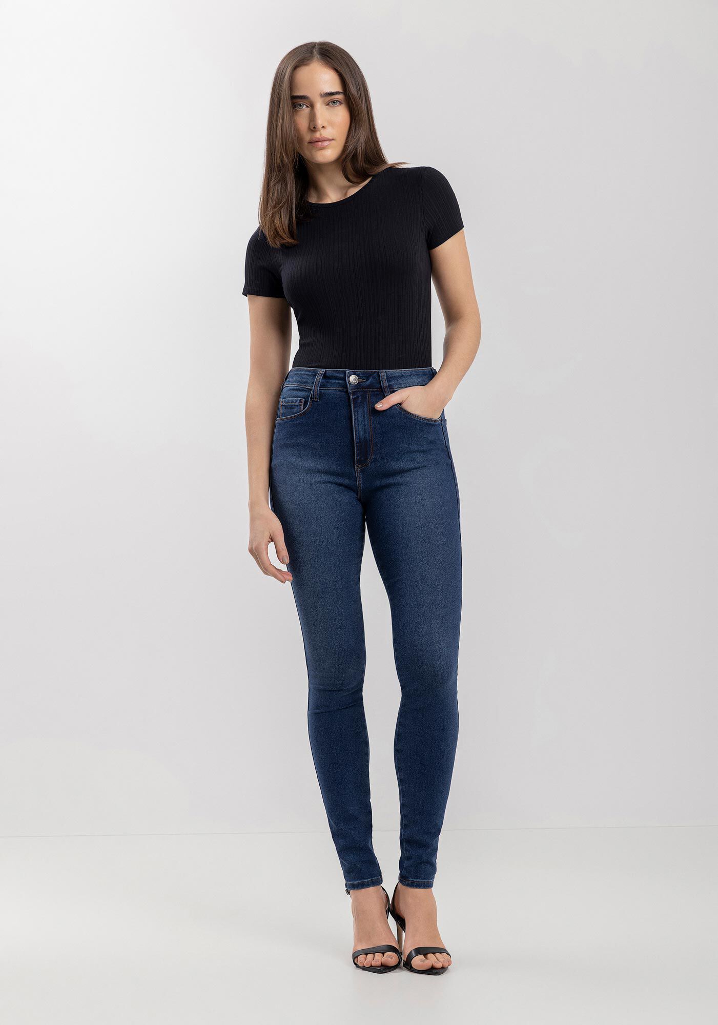 Cal&ccedil;a Skinny Jeans Com Bolsos E Cintura Alta, JEANS, large.