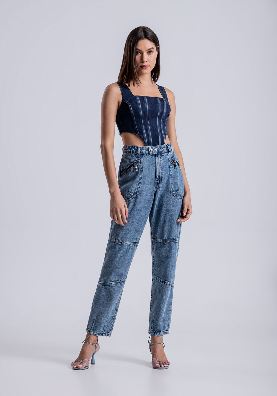 Calça Jeans Reta Cropped com Pespontos, JEANS. Calça Jeans Reta Cropped com Pespontos, JEANS, large.