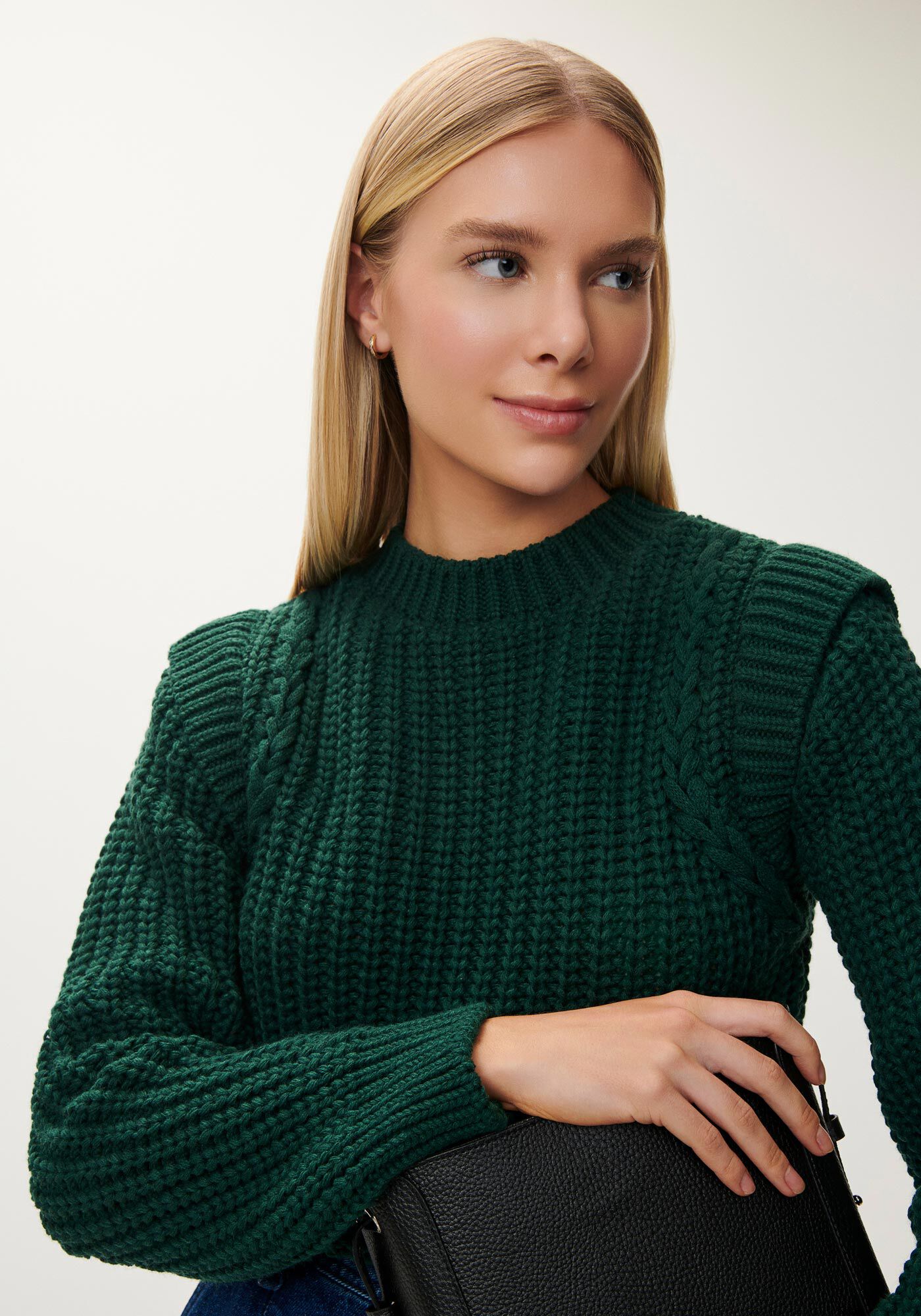 Blus&atilde;o Manga Longa em Tric&ocirc; com Recorte Ombros, VERDE ARABESQUE, large.