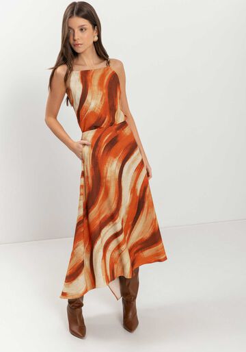 Saia Midi Com Cintura Alta E Bolsos Embutidos Tecido Plano, ART LARANJA. Saia Midi Com Cintura Alta E Bolsos Embutidos Tecido Plano, ART LARANJA, large.