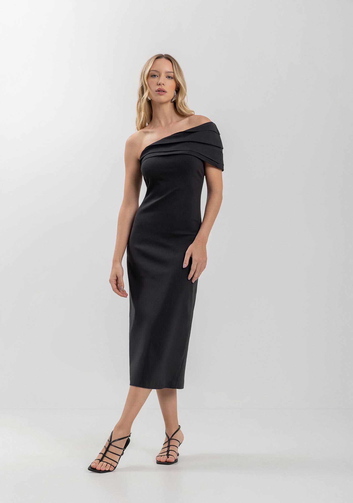 Vestido Midi Ch&aacute; De Um Ombro S&oacute; Em Bengaline Com Fenda, , large.