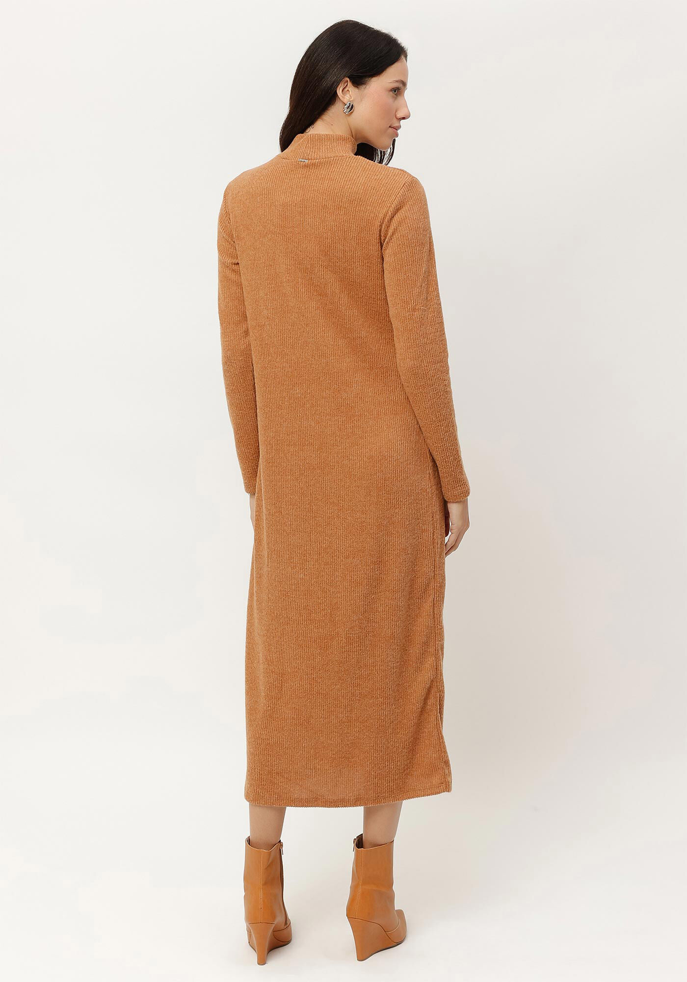 Vestido Midi Manga Longa Canelado com Gola, , large.