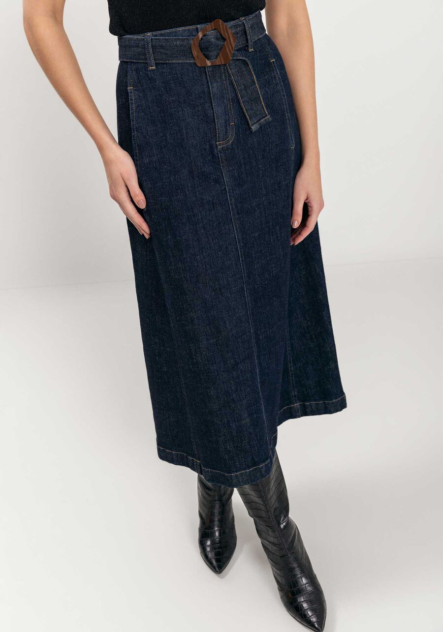 Saia Jeans Chá Com Cintura Alta E Cinto, JEANS. Saia Jeans Chá Com Cintura Alta E Cinto, JEANS, large.