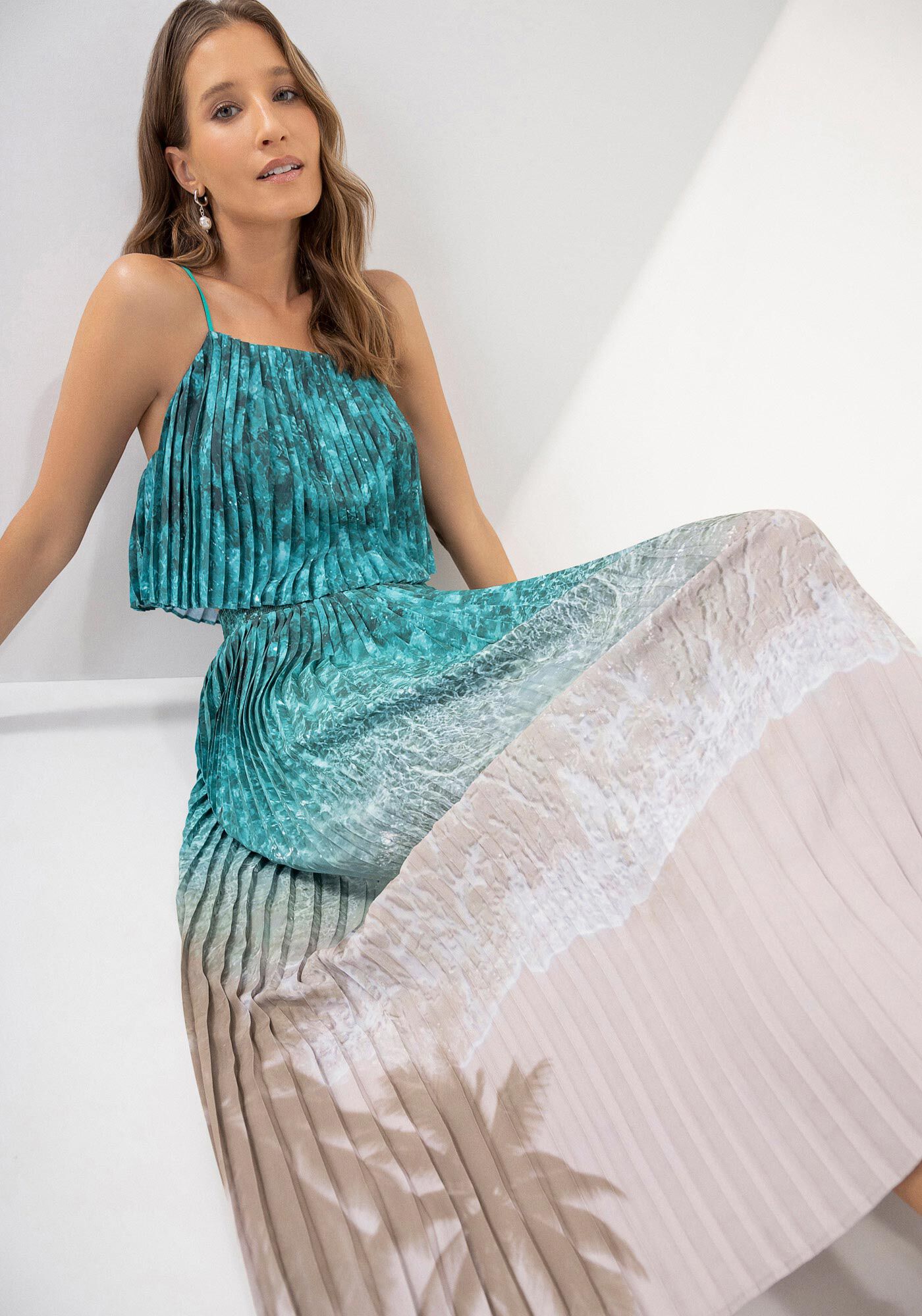 Saia Midi Plissada com Estampa Beach, LAGUNA BEACH, large.