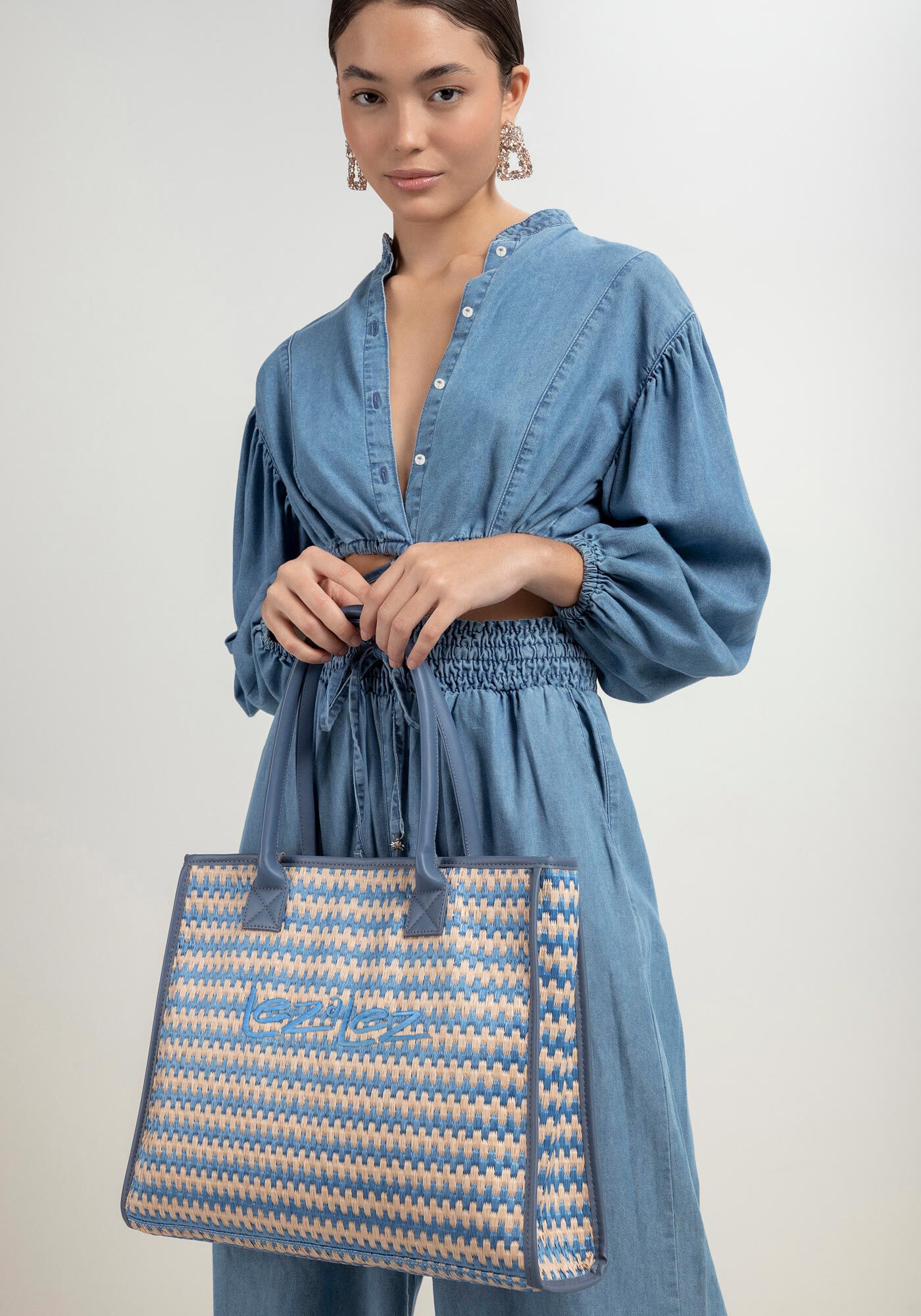 Bolsa de Praia em Palha Chevron, AZUL PRUNA, large.