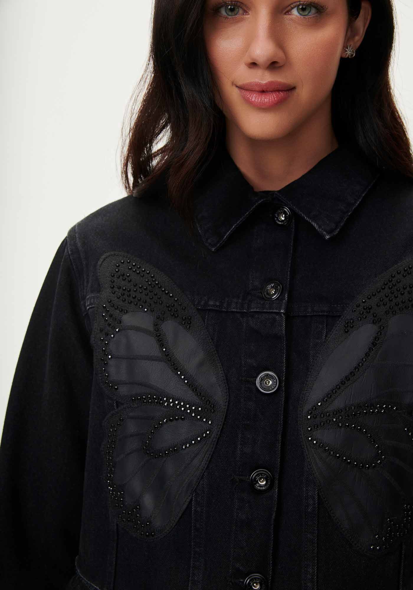 Jaqueta Jeans Cropped com Bordado Borboleta, PRETO REATIVO, large.