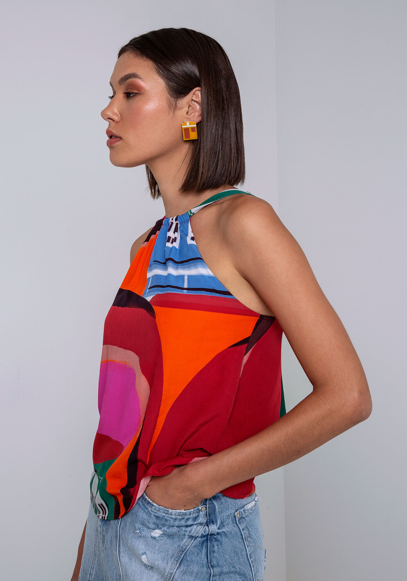 Blusa com Al&ccedil;as em Viscose Estampada, QUATRO CANTOS, large.