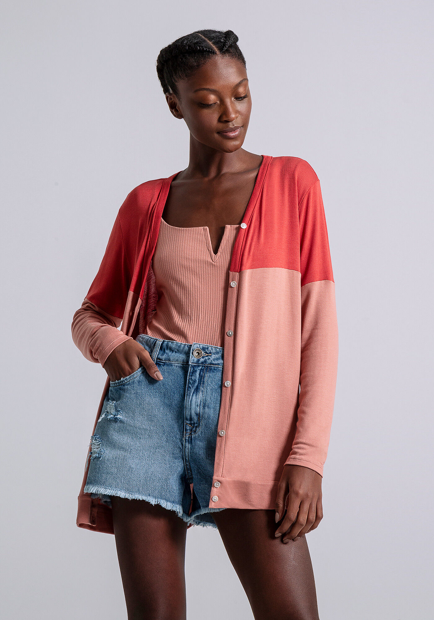 Cardigan Boyfriend Bicolor, ROSA, large.