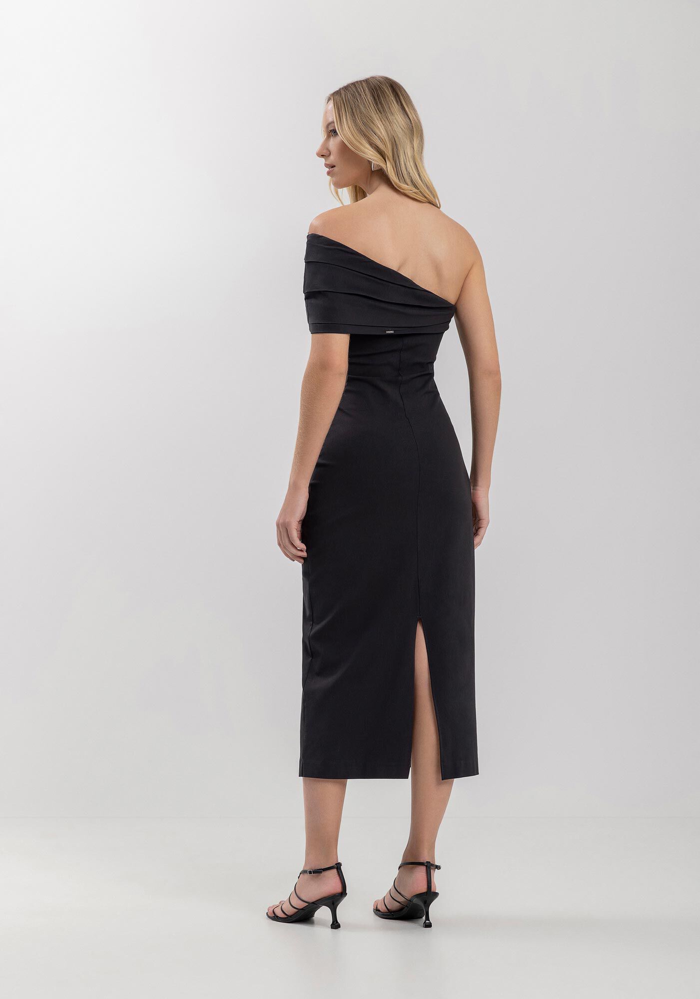 Vestido Midi Ch&aacute; De Um Ombro S&oacute; Em Bengaline Com Fenda, , large.