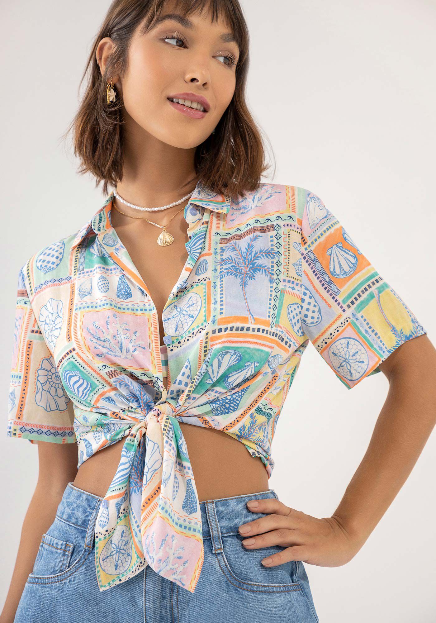 Camisa Manga Curta em Viscose Estampada, , large.