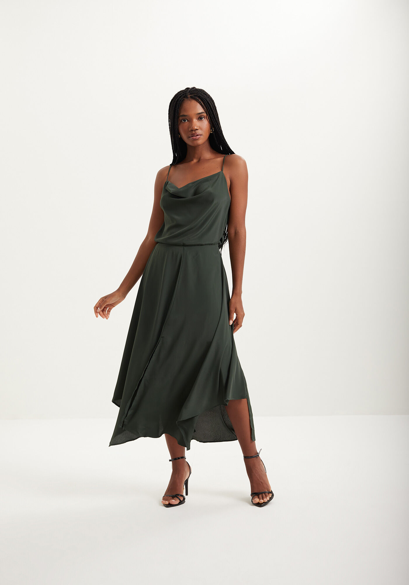 Saia Ch&aacute; Fluida Com Fenda E Cintura Alta, VERDE COOPER, large.