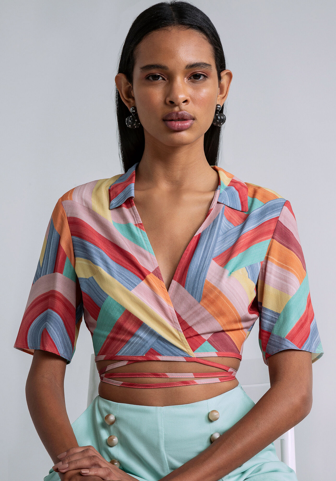 Blusa Manga 3/4 Franzido Estampa, , large.