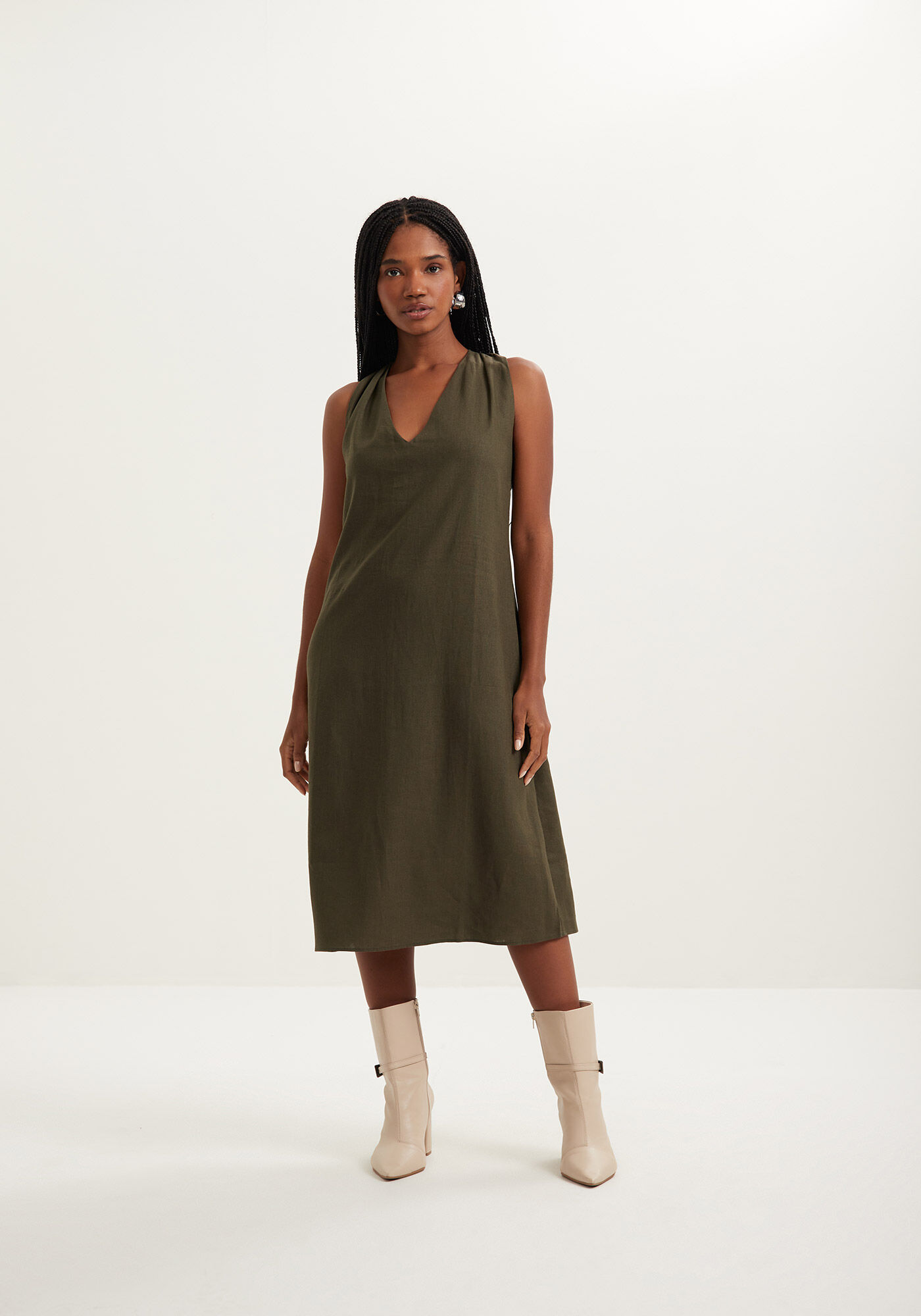 Vestido Midi Com Decote V Em Linho E Viscose, , large.