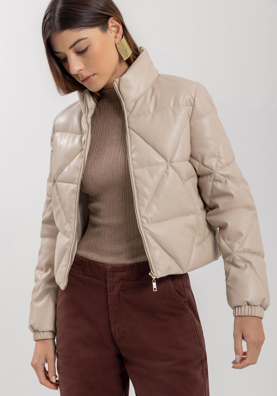 Jaqueta Puffer Com Gola Alta E Bolsos, BEGE CENTURY. Jaqueta Puffer Com Gola Alta E Bolsos, BEGE CENTURY, large.