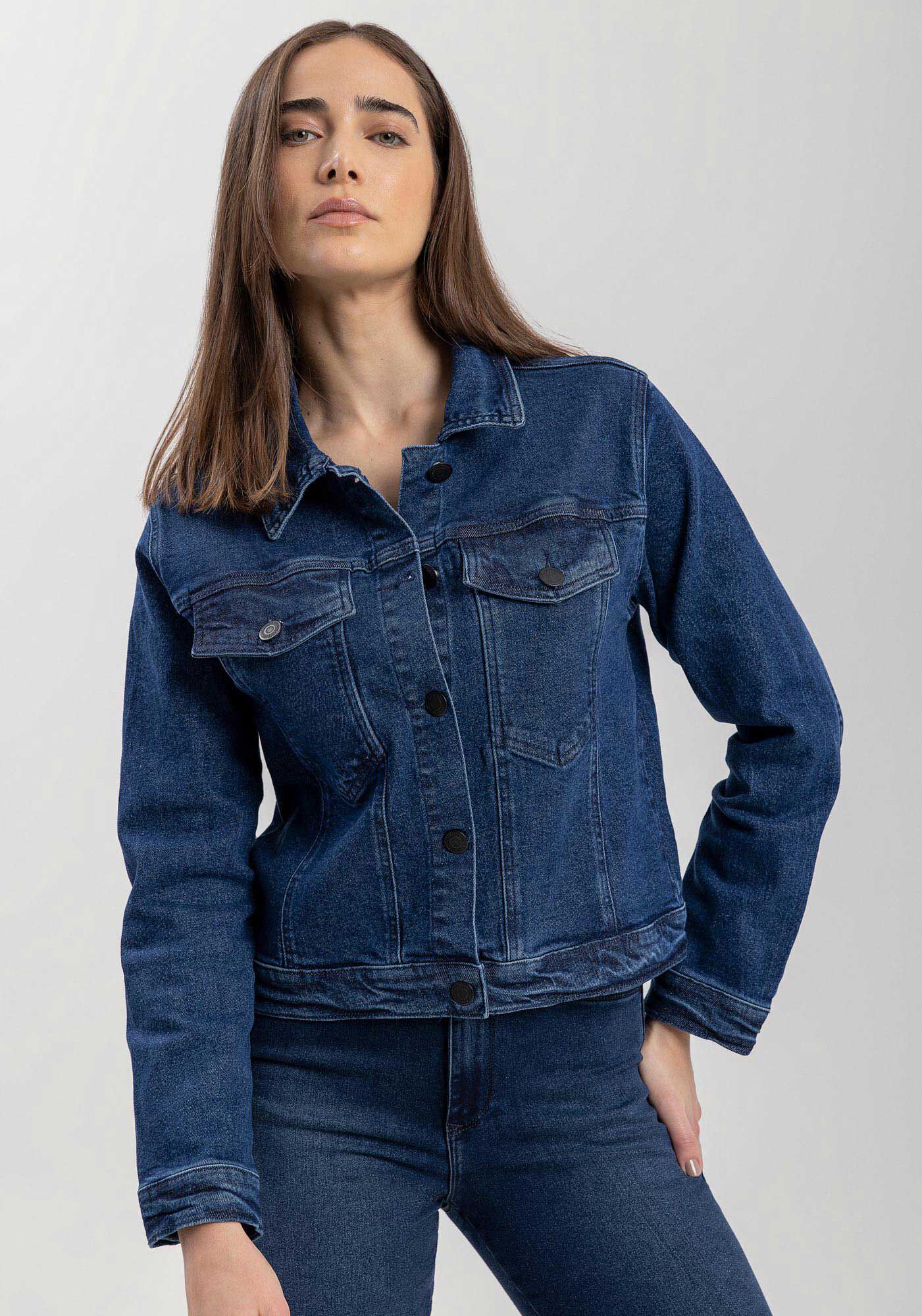 Jaqueta Jeans Curta Com Elastano E Bolsos Frontais, , large.