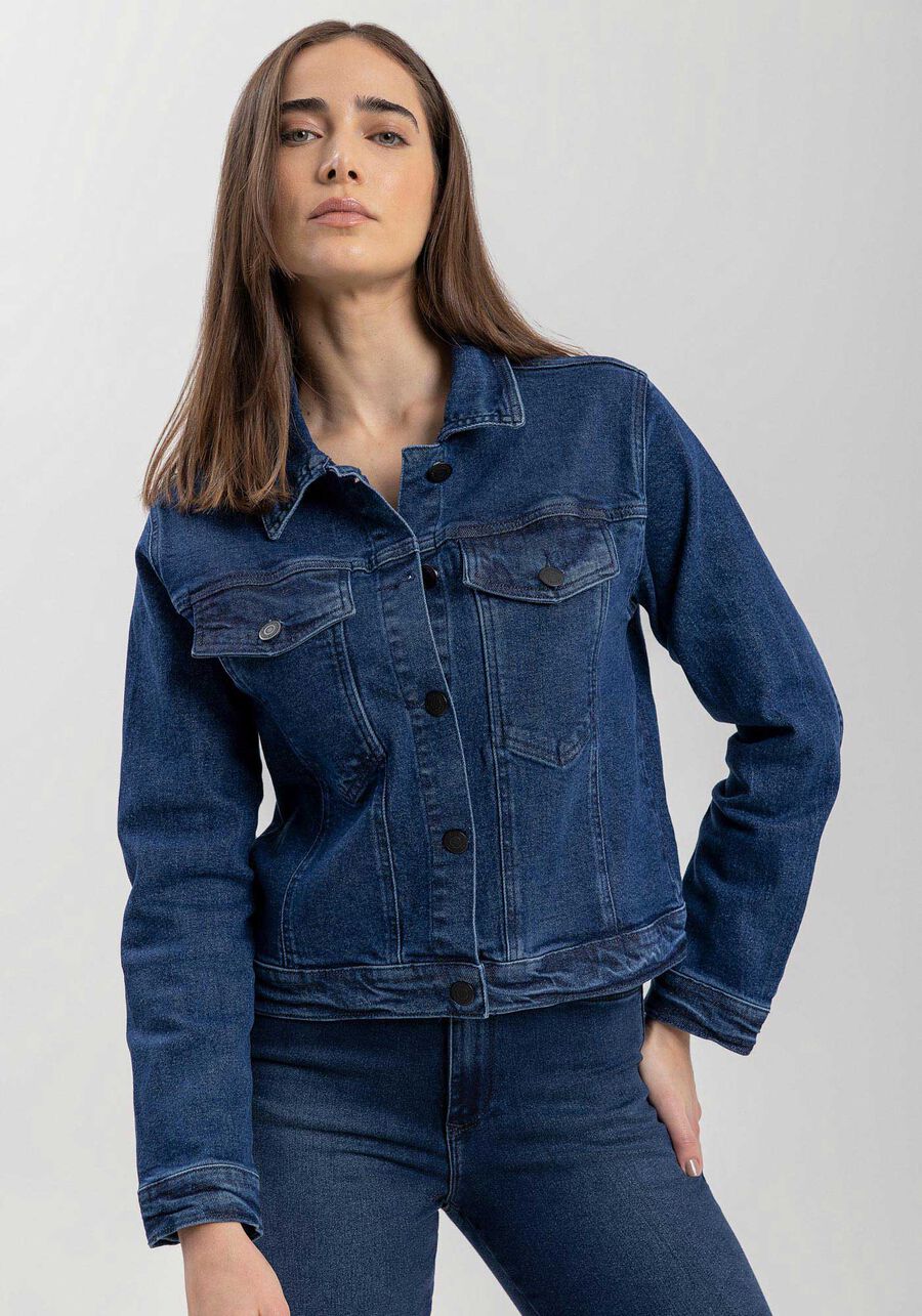 Jaqueta Jeans Curta Com Elastano E Bolsos Frontais, . Jaqueta Jeans Curta Com Elastano E Bolsos Frontais, , large.