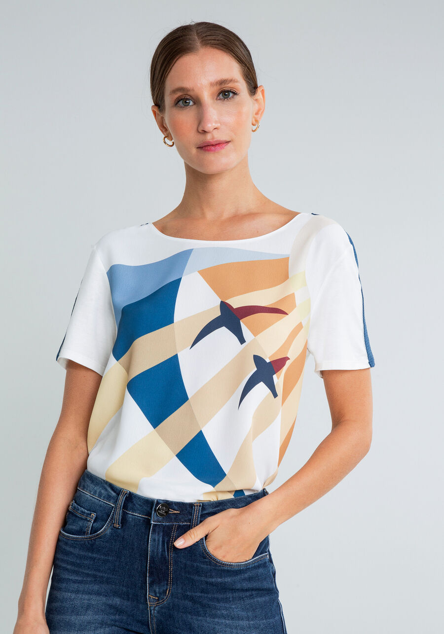 Blusa Detalhe Mangas Estampa, MIGRACAO. Blusa Detalhe Mangas Estampa, MIGRACAO, large.