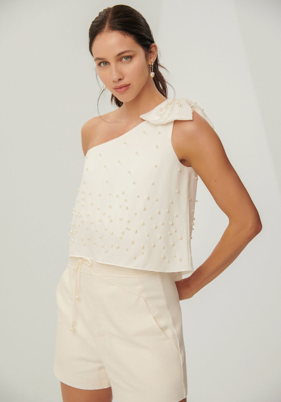 Blusa Ombro Só com Pérolas e Laço, . Blusa Ombro Só com Pérolas e Laço, , large.