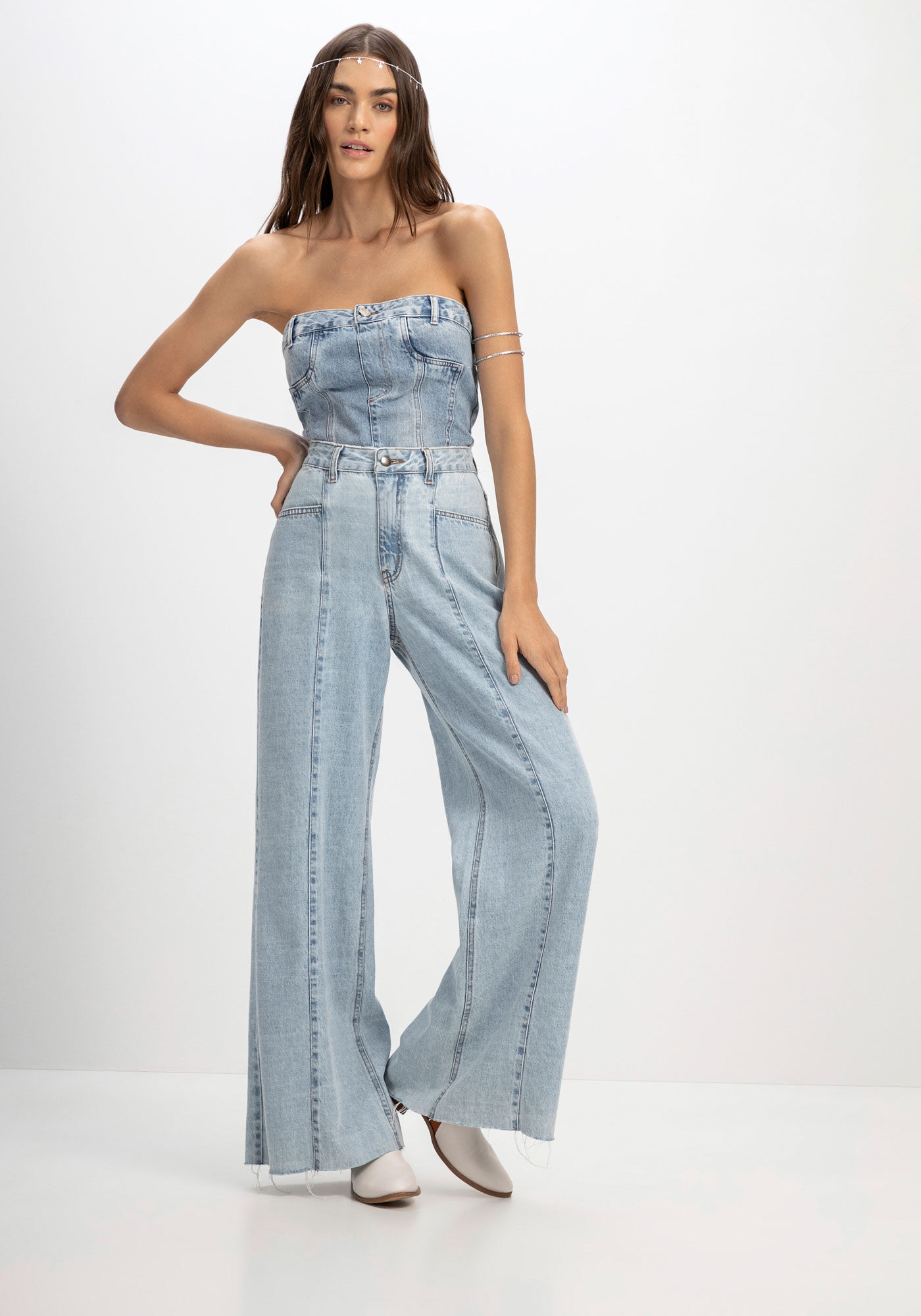 Cal&ccedil;a Jeans Pantalona Super Alta com Pespontos, JEANS, large.