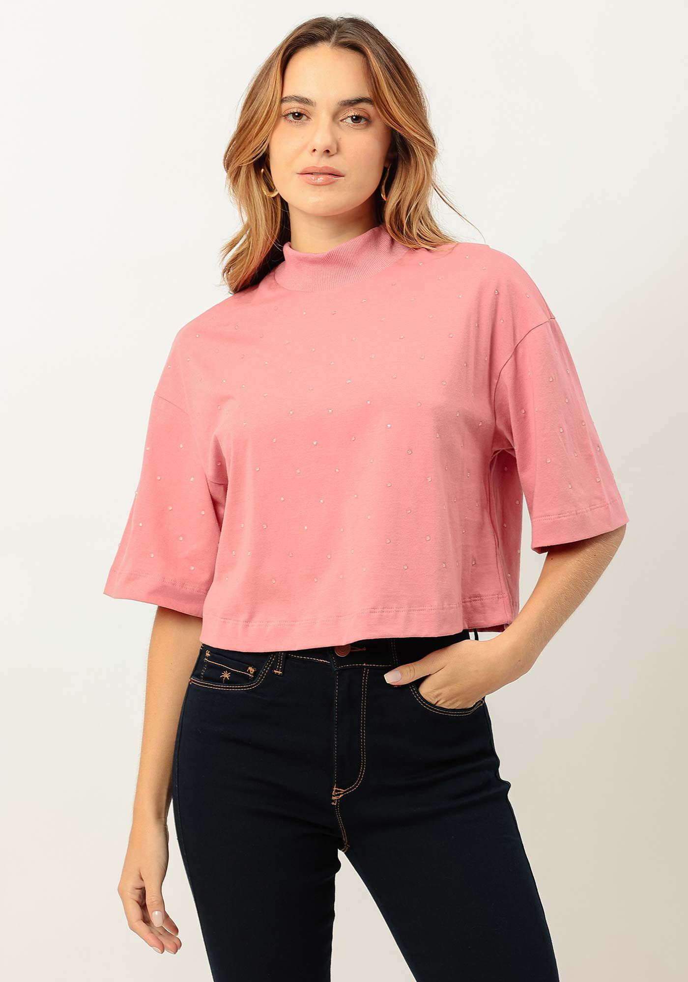 T-shirt Oversized em Malha com Gola e Strass, ROSA ARABESQUE, large.