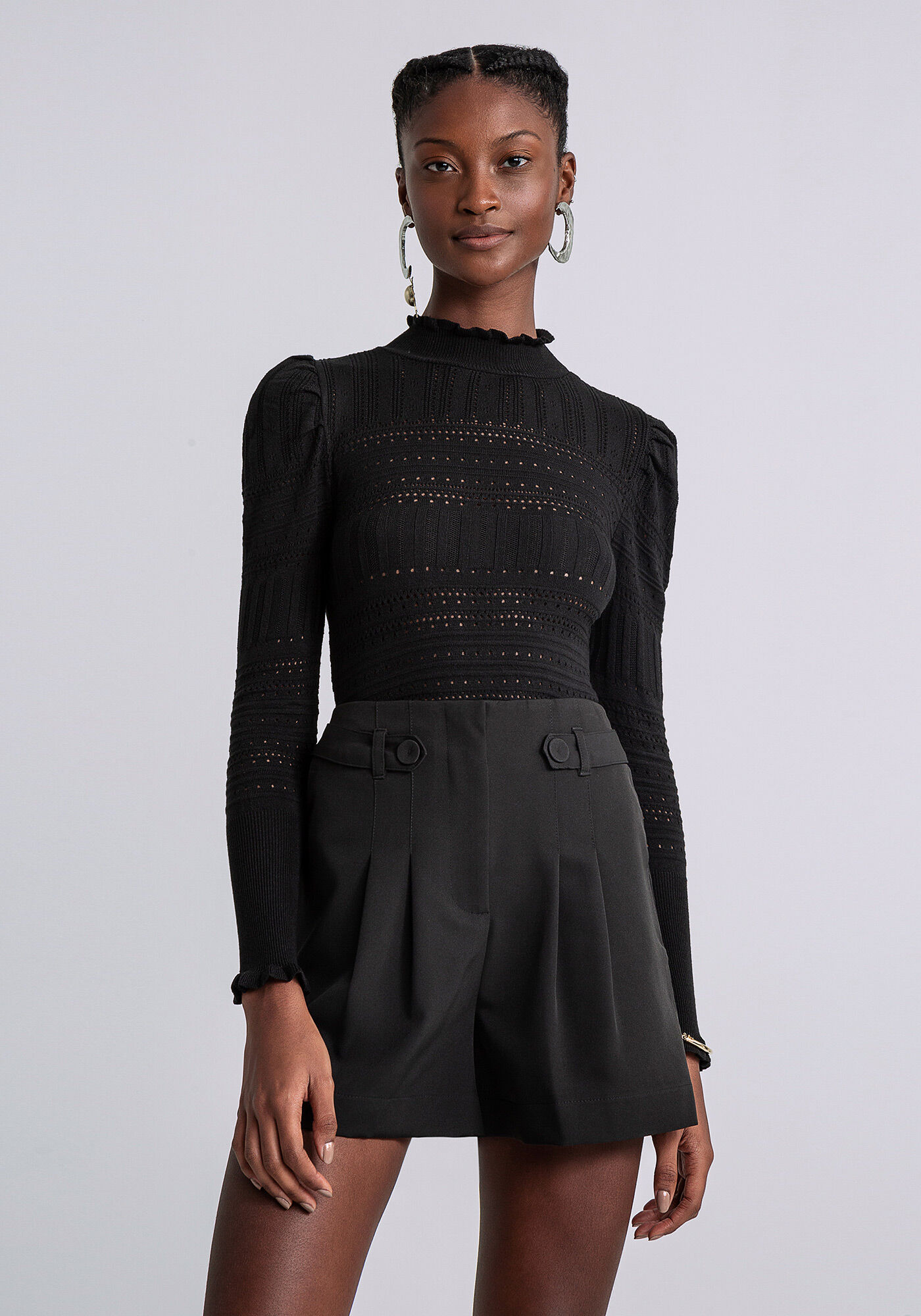 Blusa Manga Longa Gola Alta Tric&ocirc;, PRETO, large.