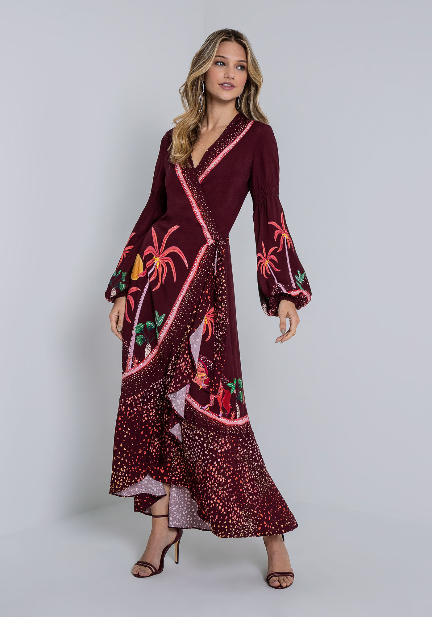 Vestido Midi Transpassado com Manga Bufante, NOITE ENCANTADA, large.