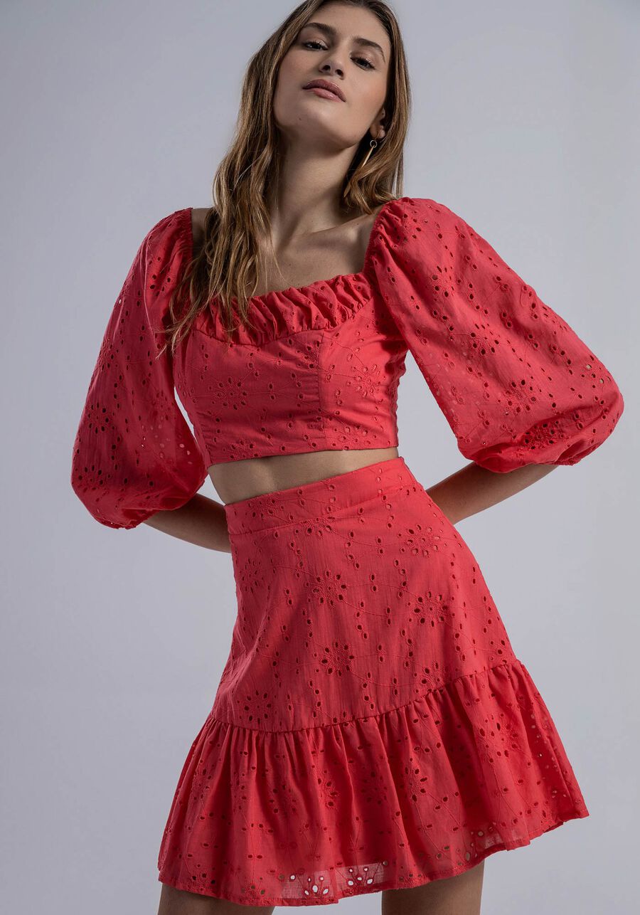 Saia Curta Cintura Alta em Laise com Babado, . Saia Curta Cintura Alta em Laise com Babado, , large.