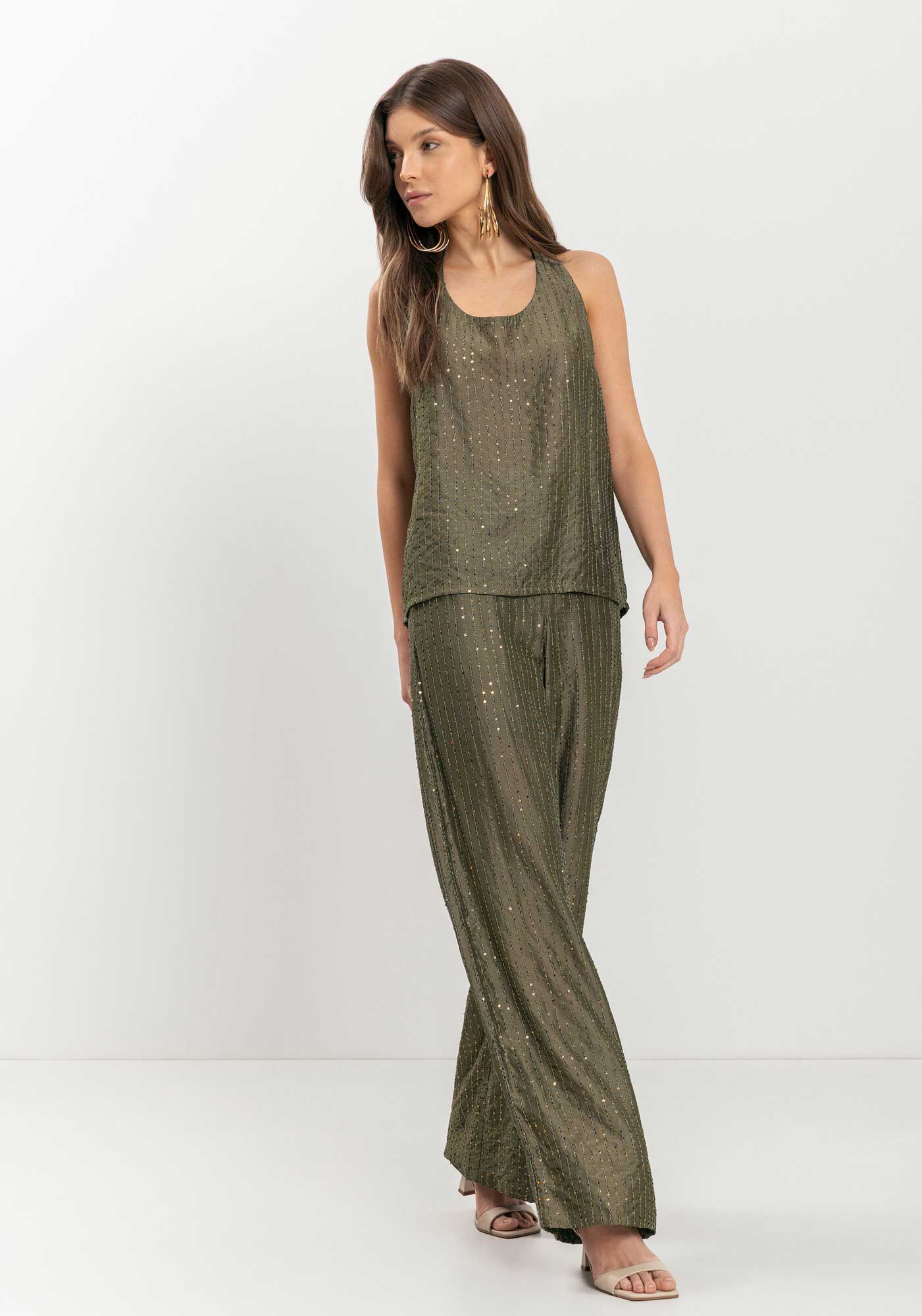 Blusa Regata Com Decote Redondo e Paet&ecirc;s Em Lyocell, VERDE AZEITONA, large.