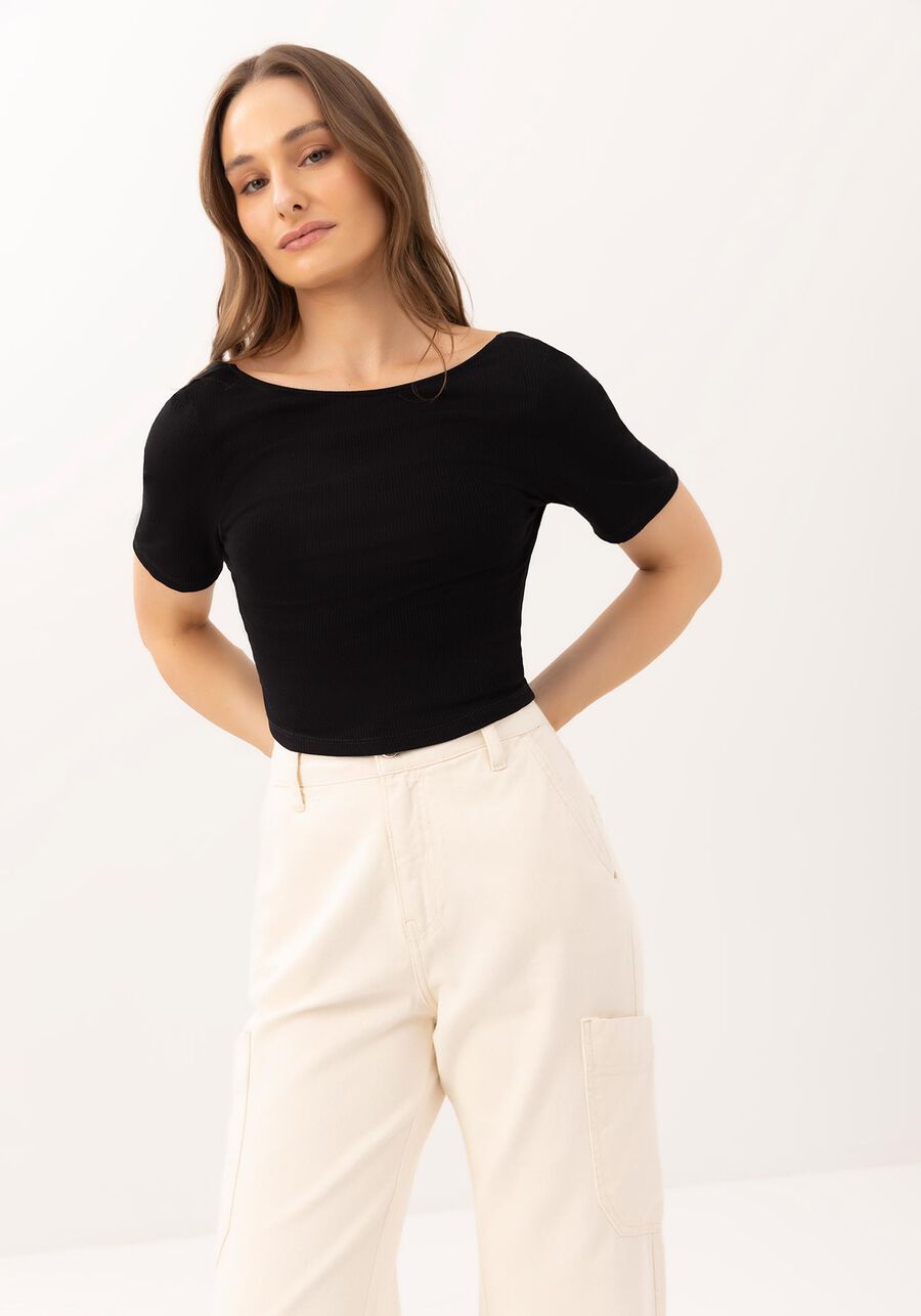 Blusa Presenteável Manga Curta Canelada Costas Cavadas, . Blusa Presenteável Manga Curta Canelada Costas Cavadas, , large.