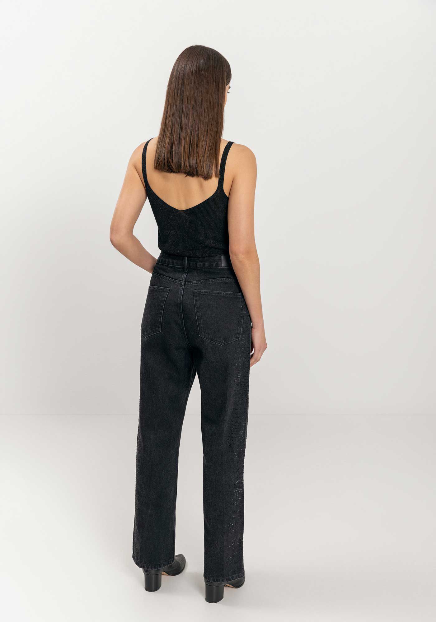 Cal&ccedil;a Reta Jeans Cropped Com Aplica&ccedil;&otilde;es De Strass, PRETO, large.