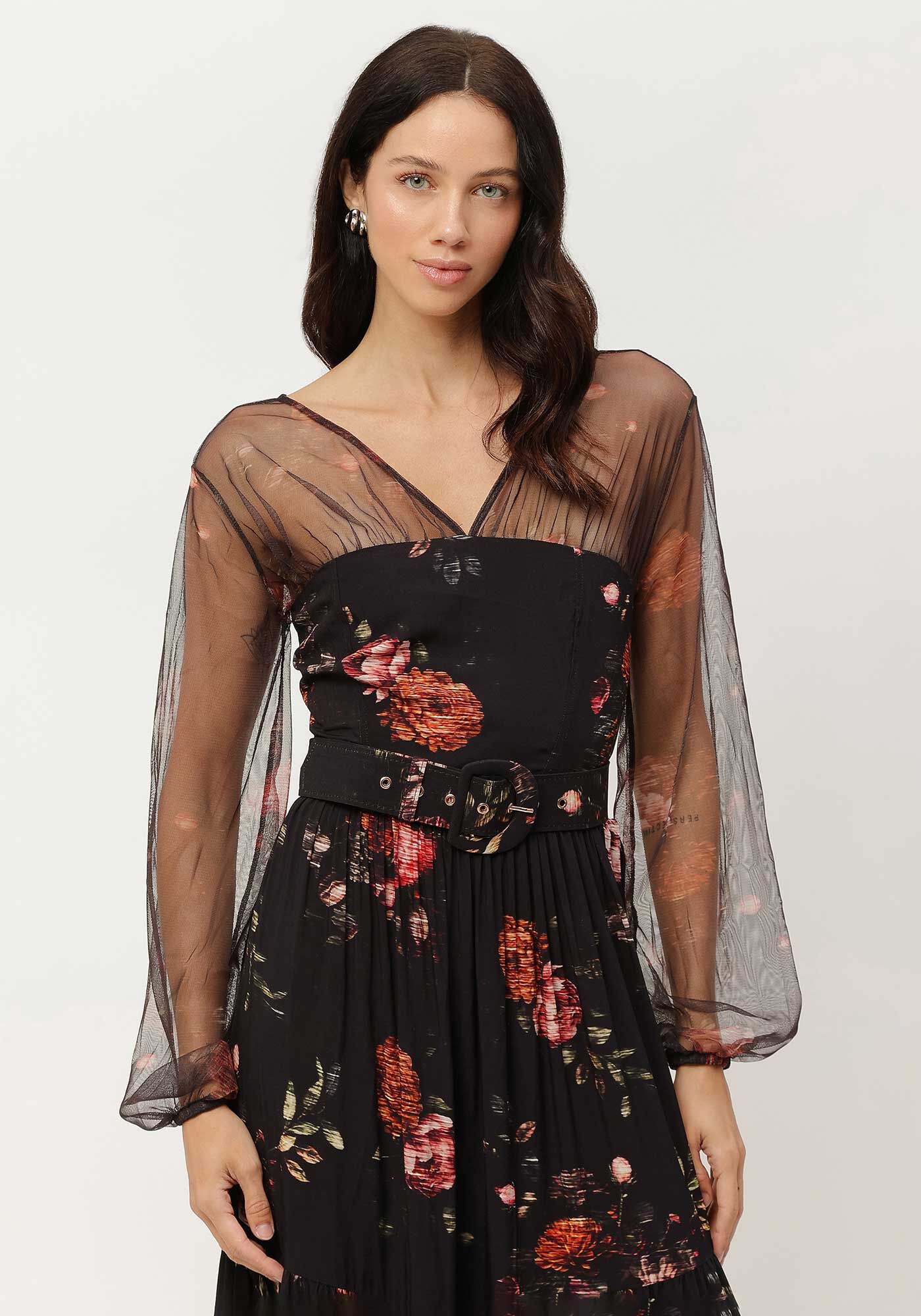 Vestido Midi com Manga em Tule e Cinto, , large.