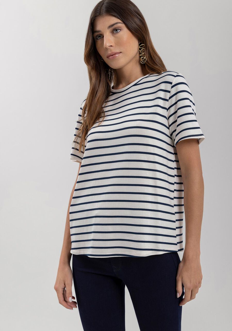Blusa De Mangas Curtas Listrada Em Malha De Viscose, BRANCO OFF WHITE. Blusa De Mangas Curtas Listrada Em Malha De Viscose, BRANCO OFF WHITE, large.