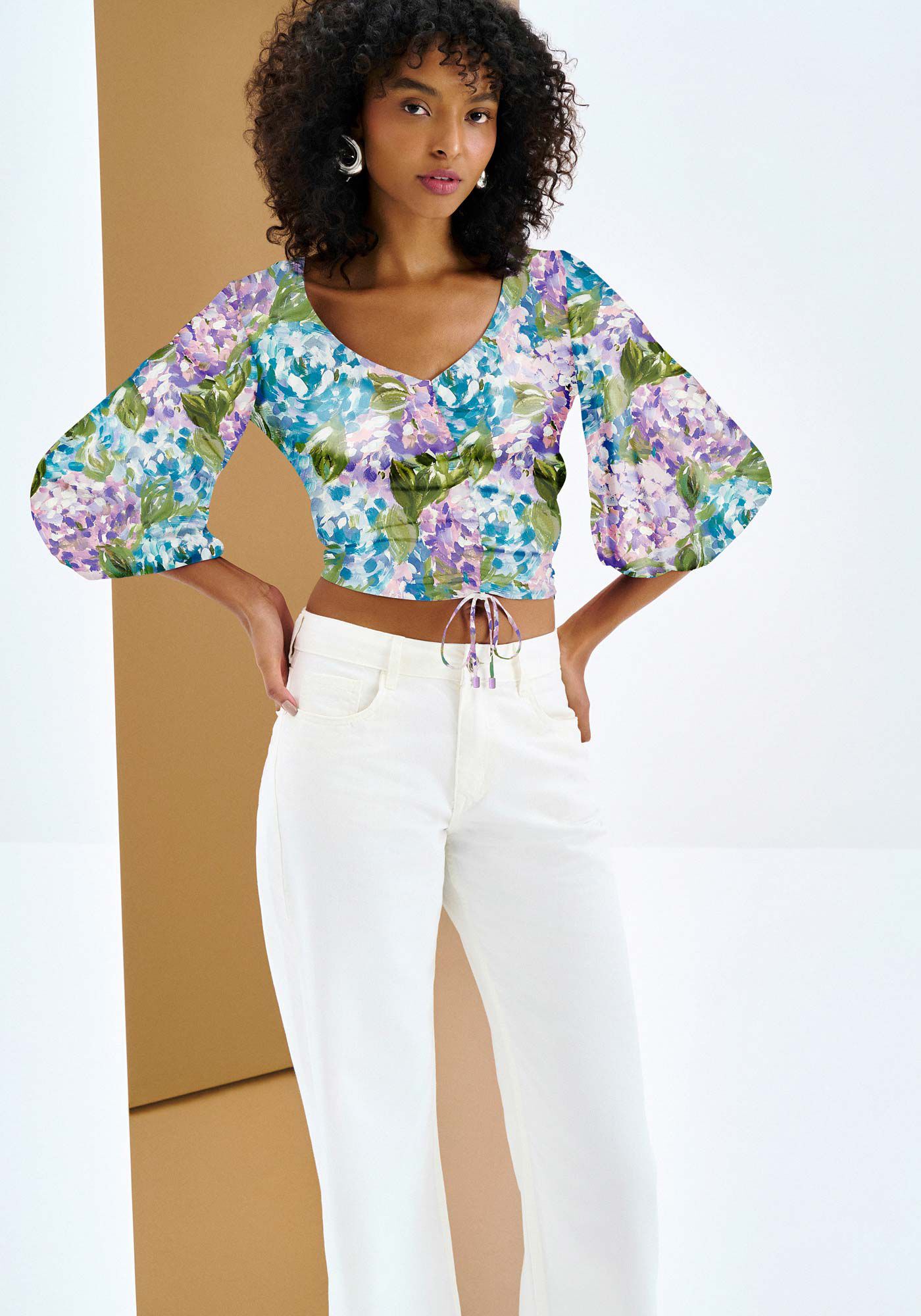 Blusa Manga 3/4 Bufante Estampada com Amarra&ccedil;&atilde;o, , large.