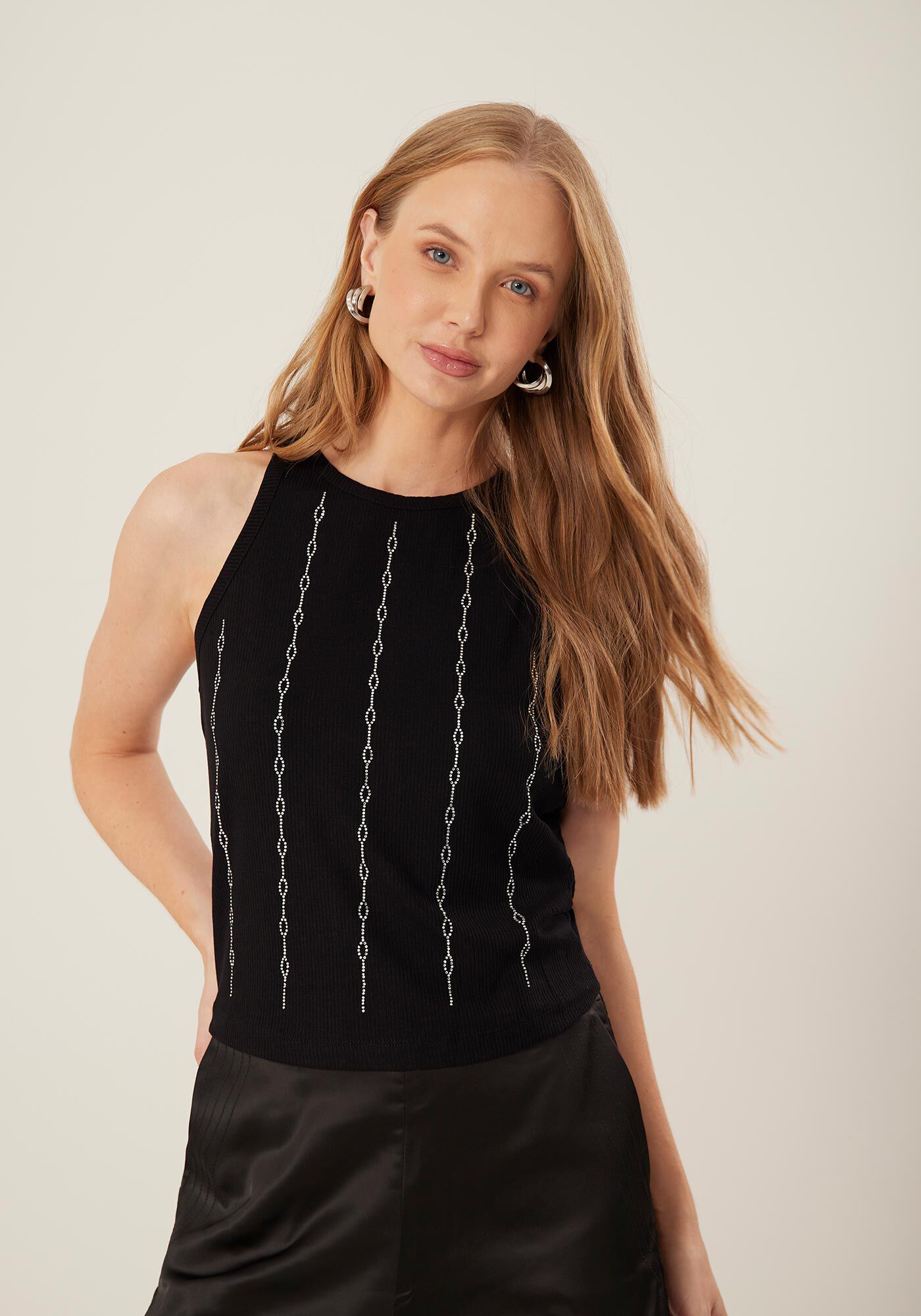 Regata Canelada Halter Neck com Strass, , large.