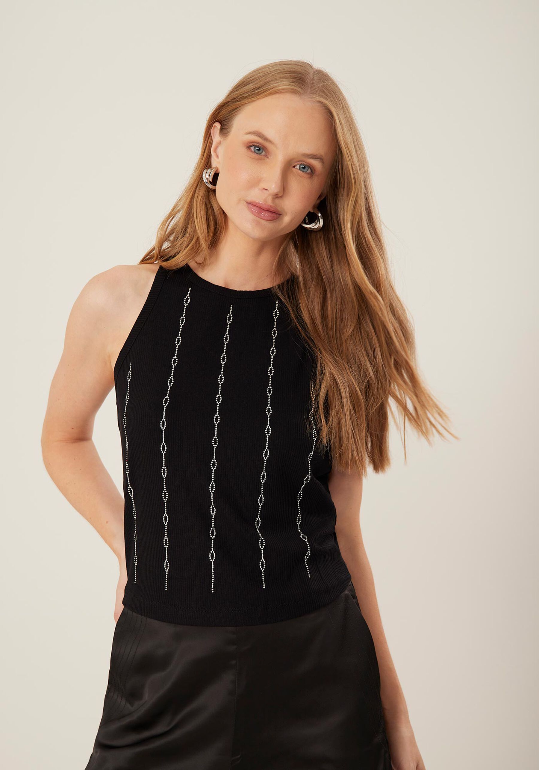 Regata Canelada Halter Neck com Strass, . Regata Canelada Halter Neck com Strass, , large.