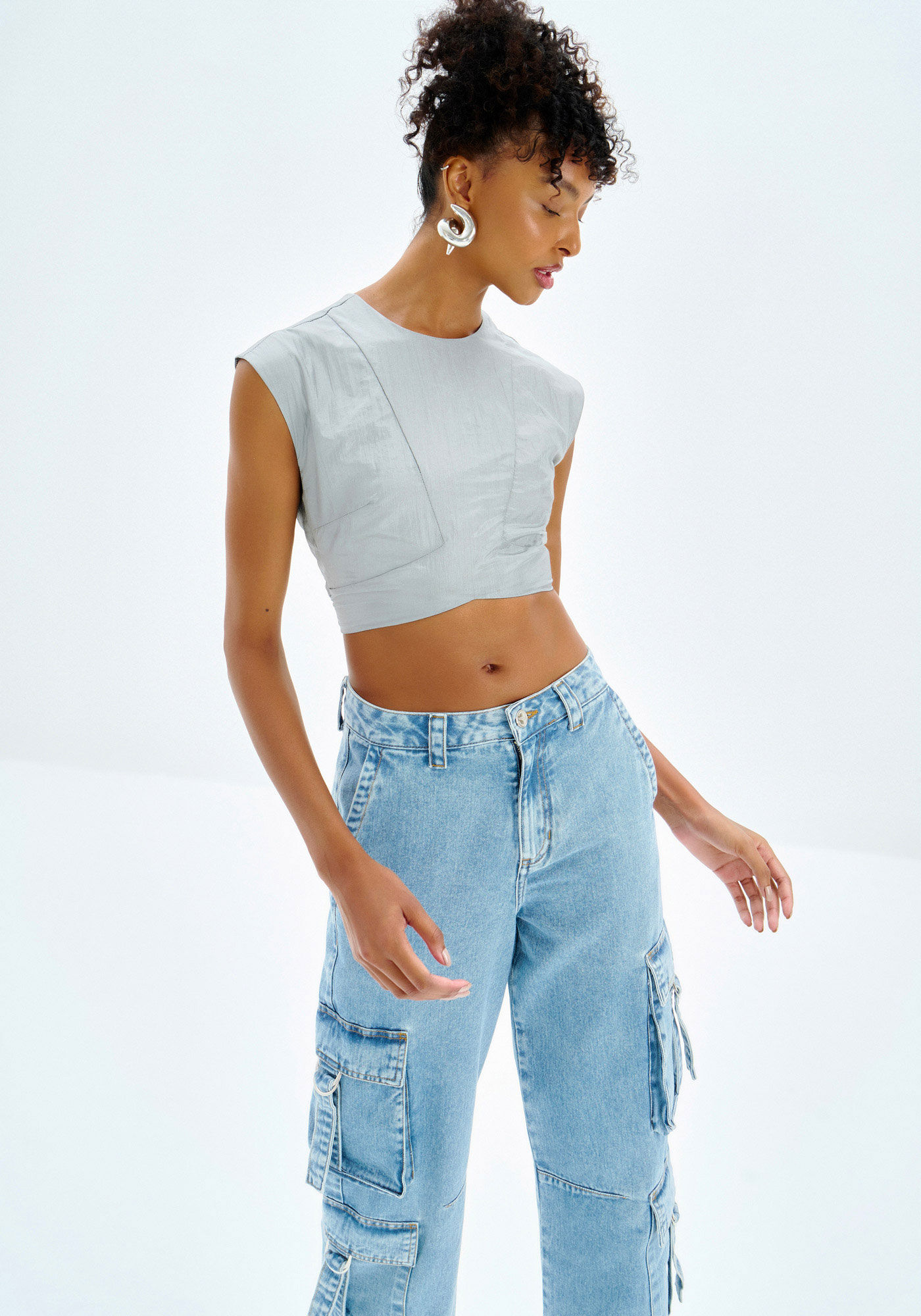 Blusa Cropped em Nylon com Brilho, , large.