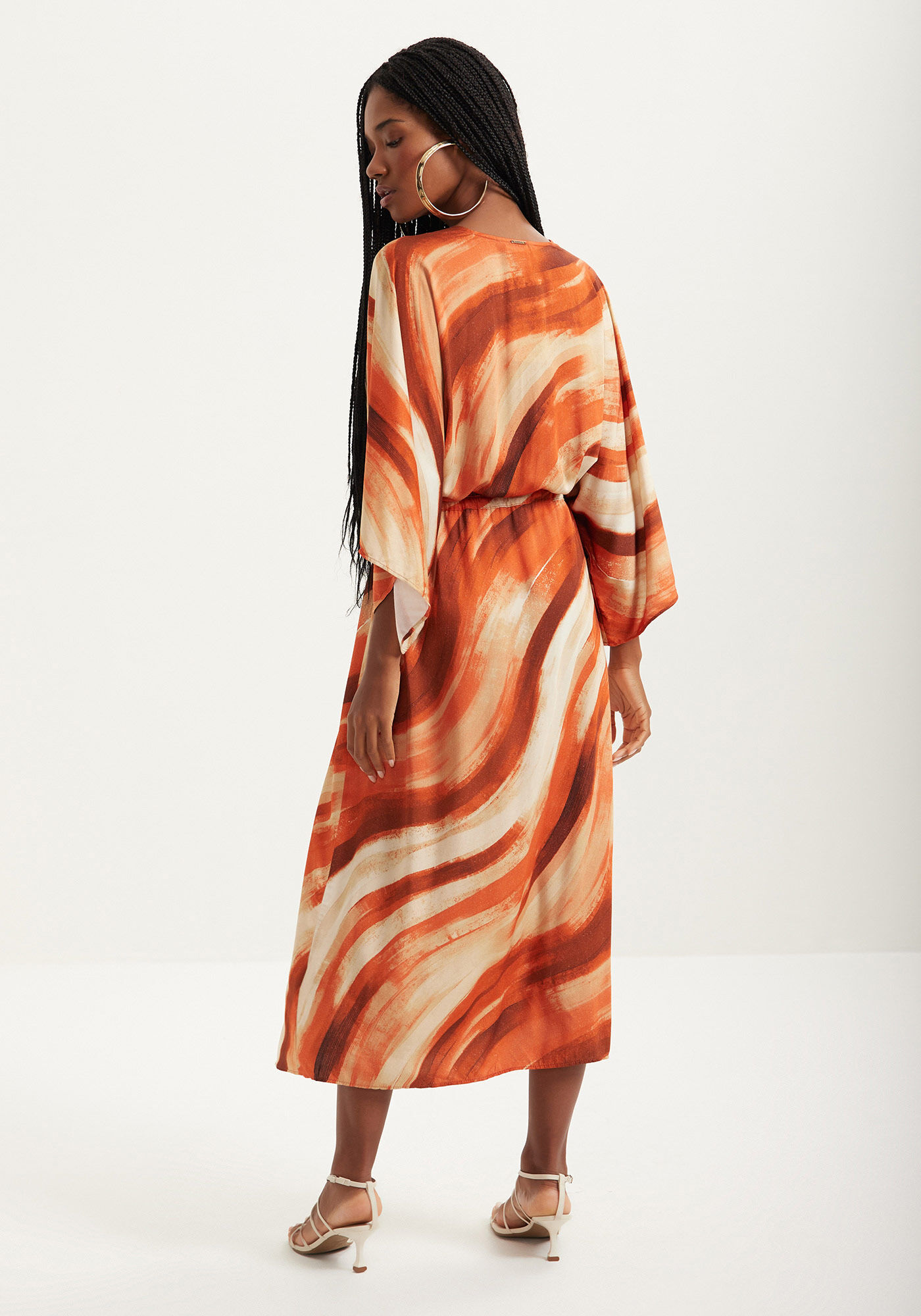 Vestido Midi Estampado Com Mangas 3/4 E Fenda, ART LARANJA, large.