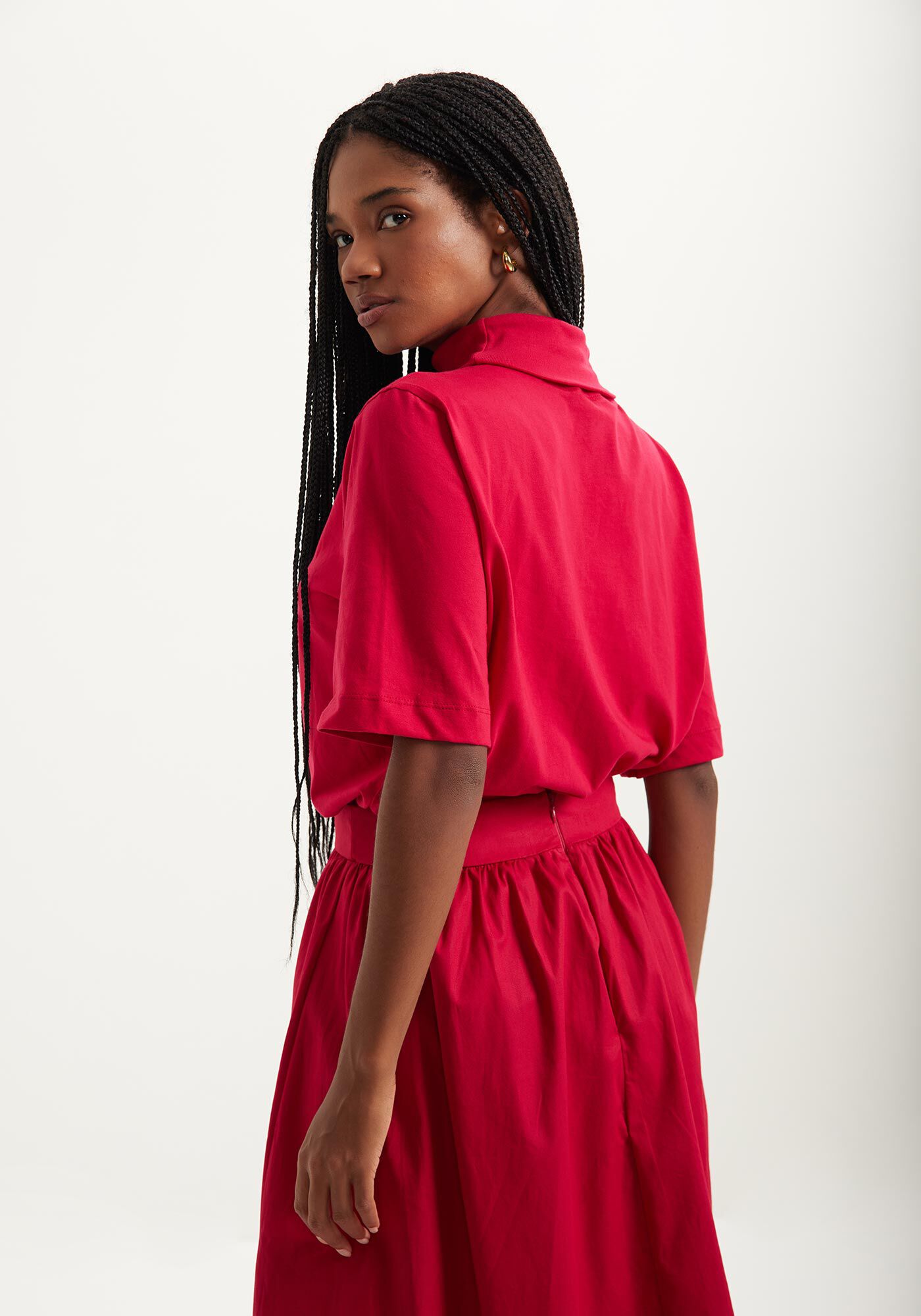 Blusa T-shirt Com Gola Alta Em Malha De Algod&atilde;o Penteado, , large.