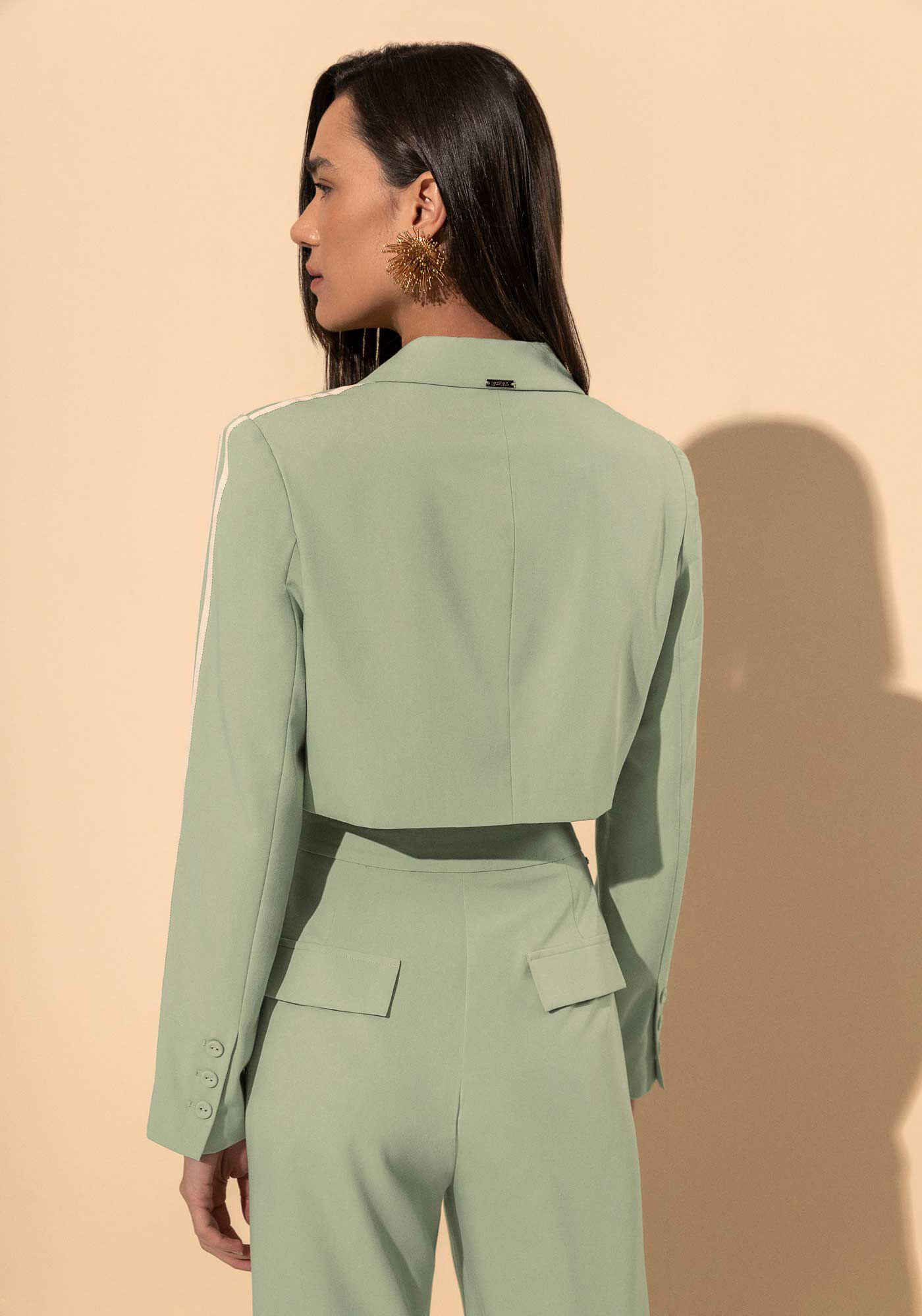 Blazer Cropped De Mangas Longas Com Listras E Lapelas | Lez a Lez