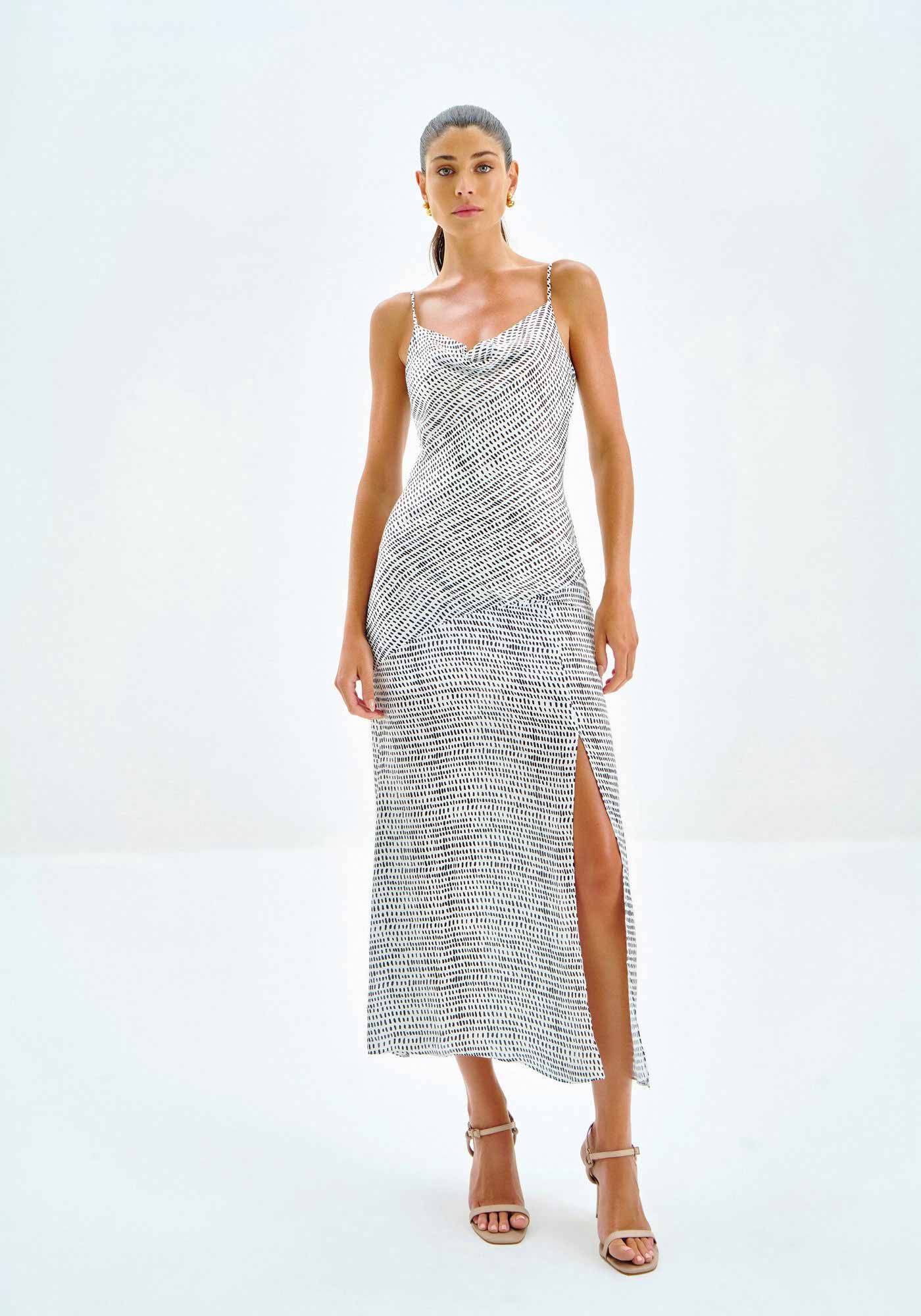 Vestido Midi Estampado em Chiffon com Fenda, , large.