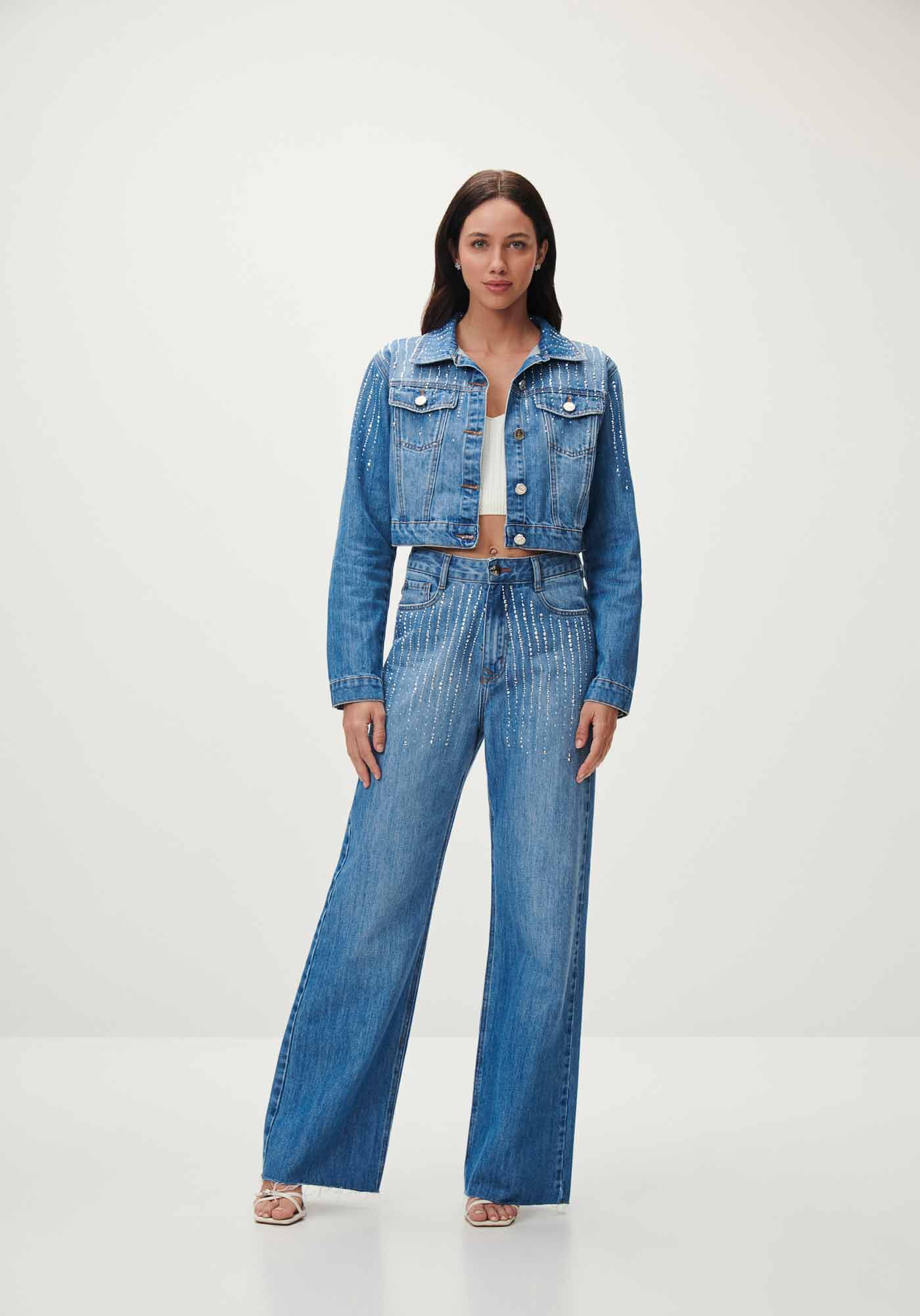 Jaqueta Jeans Cropped com Strass, , large.