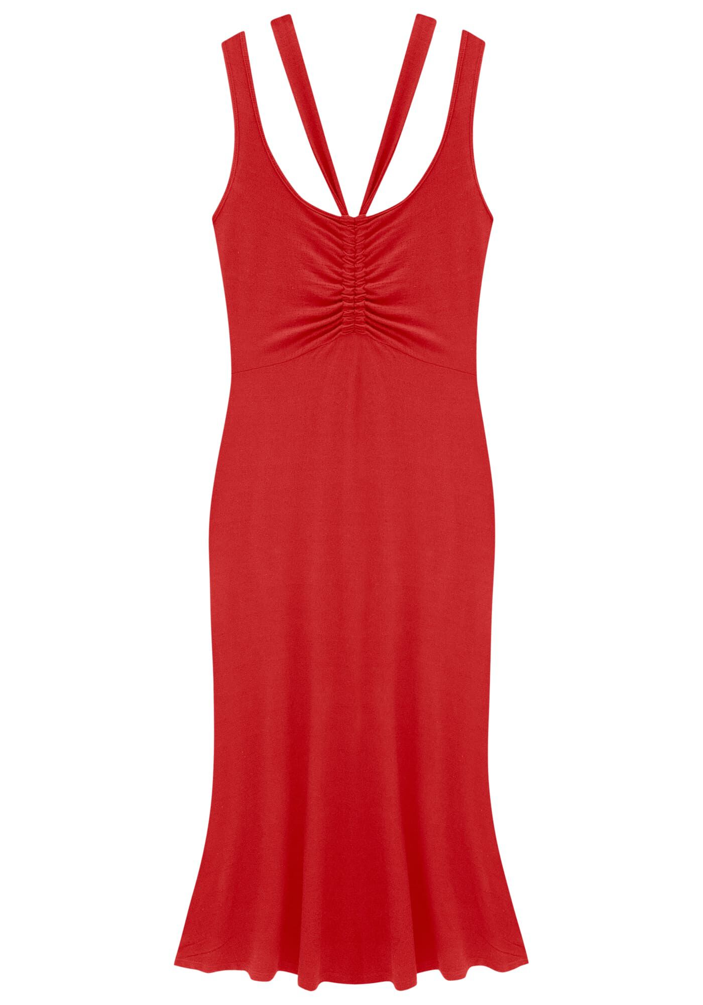 Vestido Midi em Malha com Franzido Decote, , large.