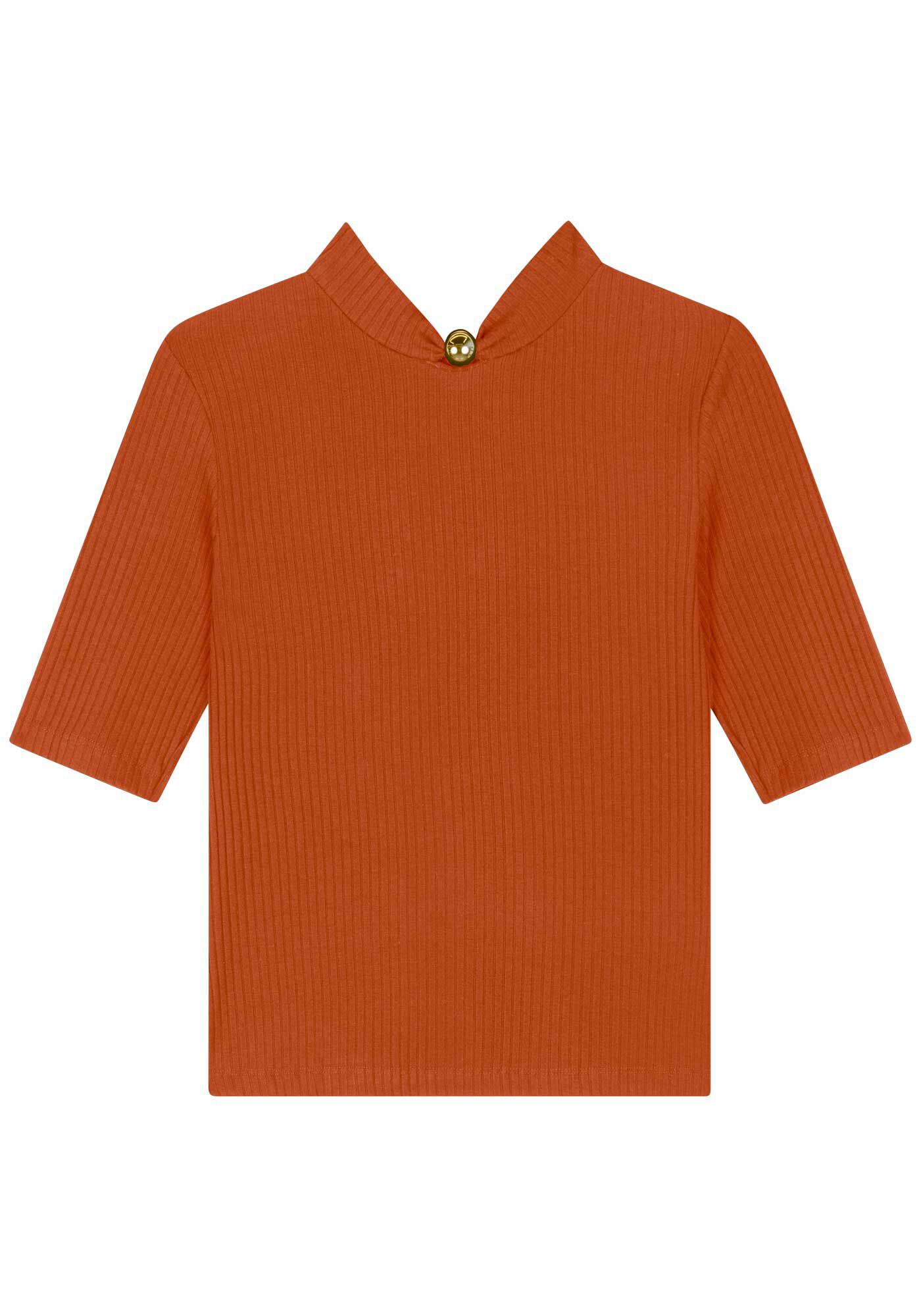 Blusa De Mangas Curtas Em Malha Canelada Com Enfeite Na Gola, , large.