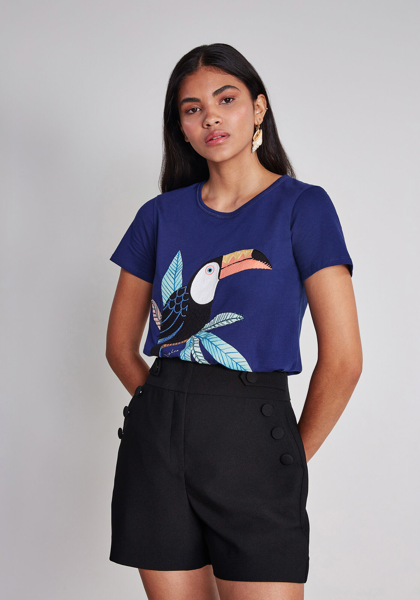 Blusa Estampa Bordado Tucano Marinho Lady, , large.