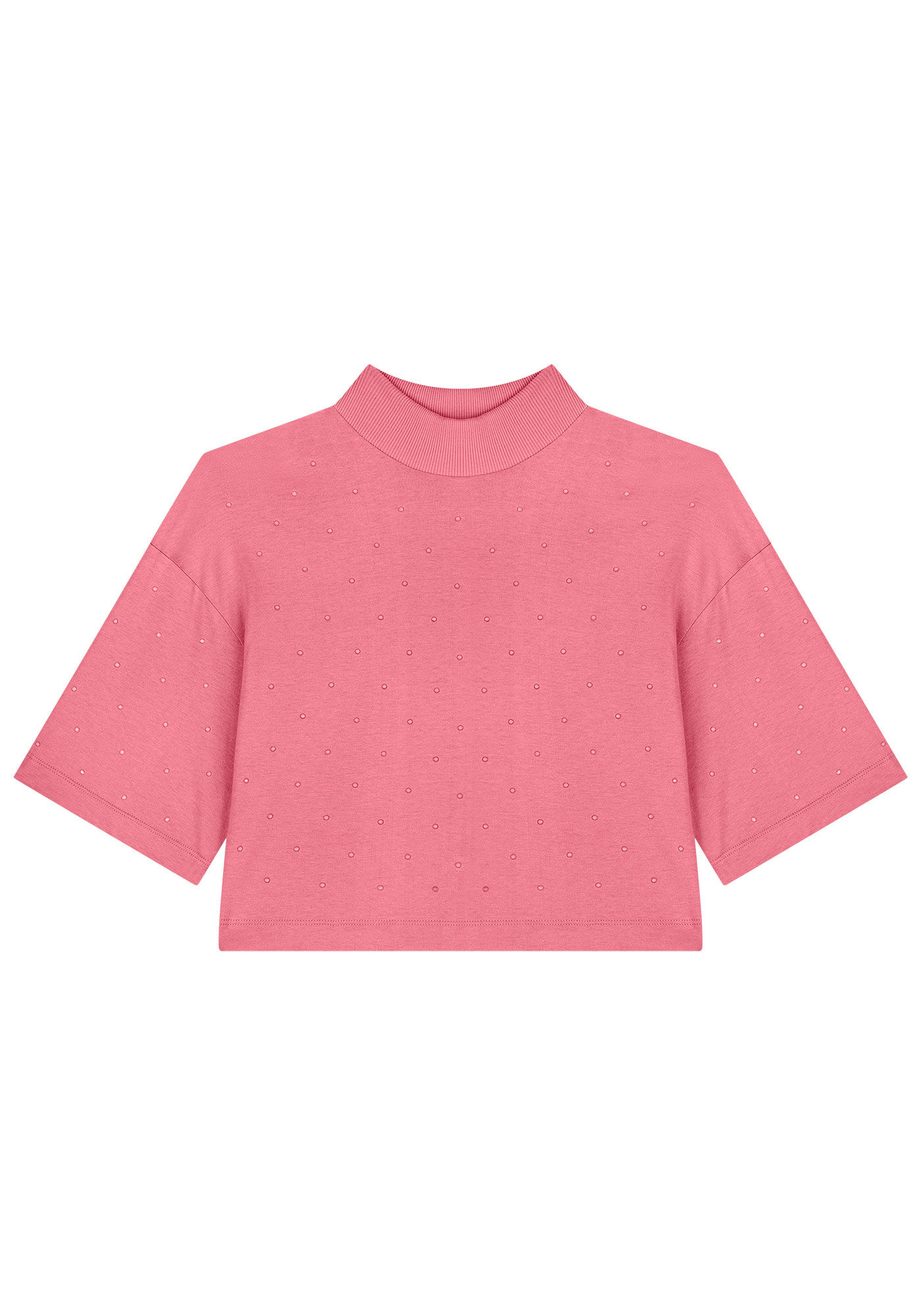 T-shirt Oversized em Malha com Gola e Strass, ROSA ARABESQUE, large.