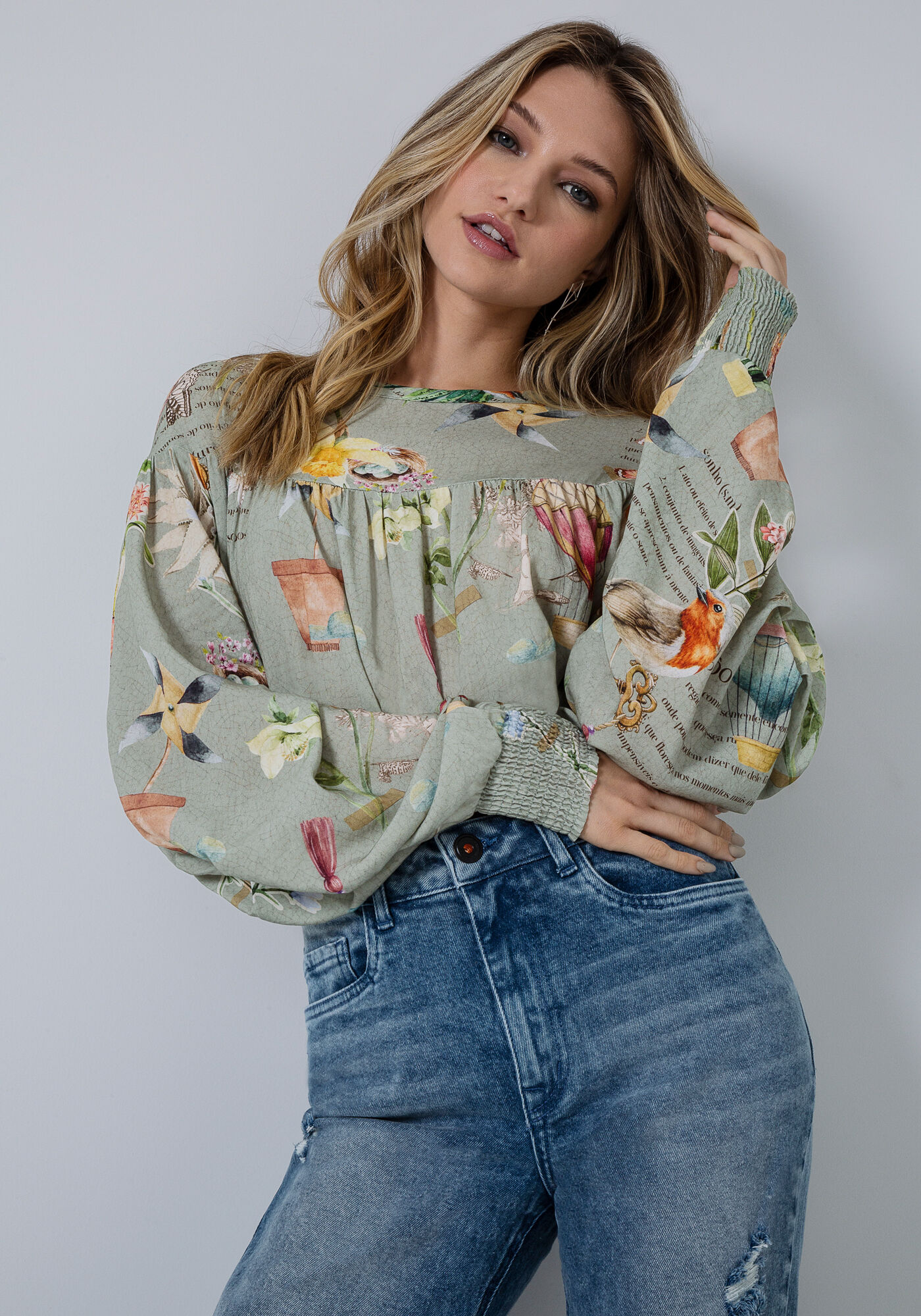 Blusa Manga Bufante em Viscose com Lastex, , large.